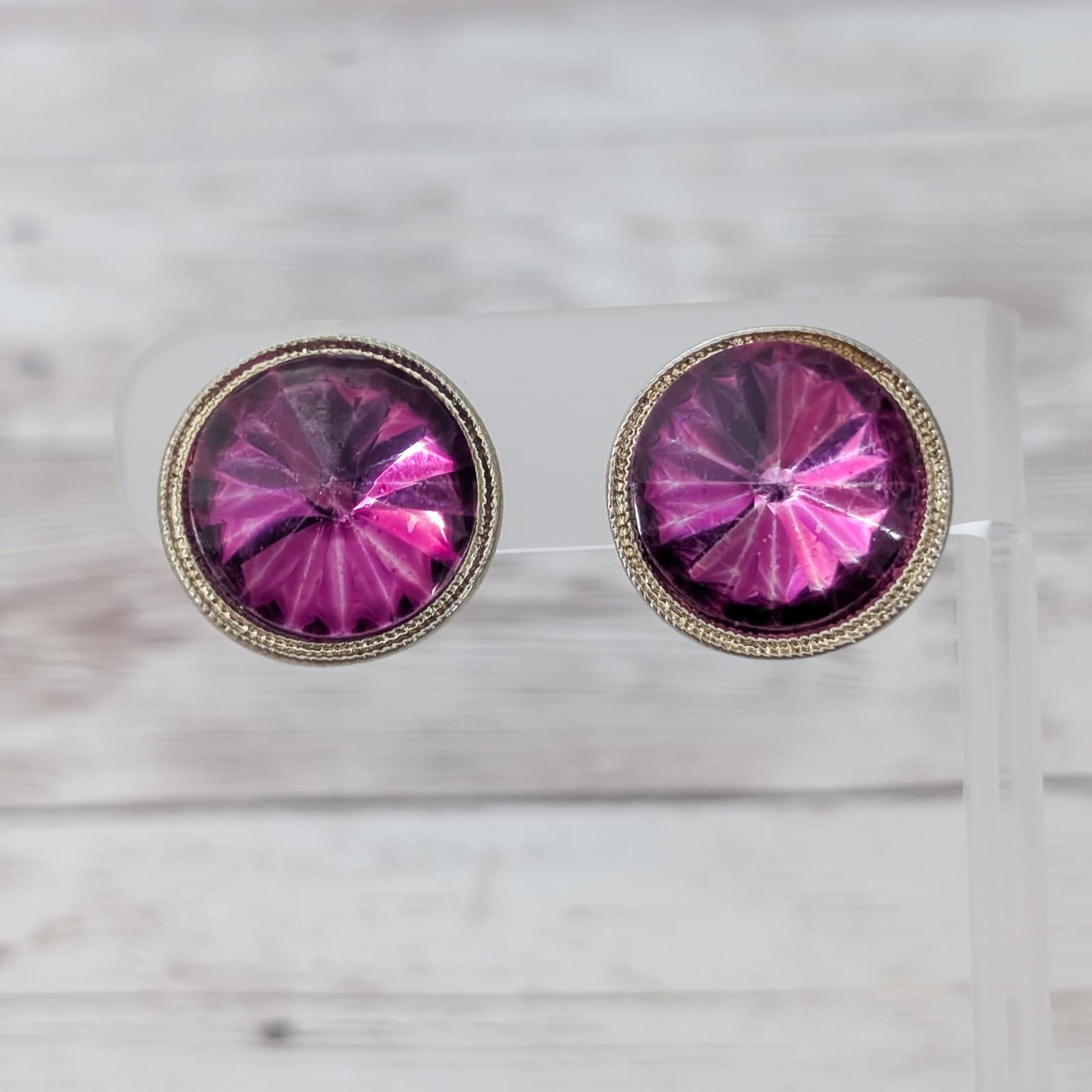 Vintage Clip On Earrings 7/8" Pink Gem with Halo Statement