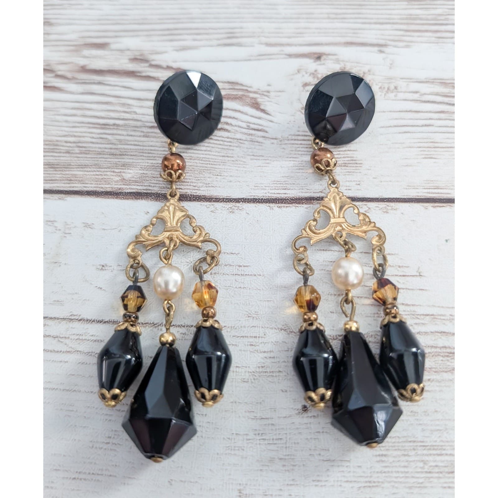 Vintage Stud Earrings Extra Long 3" Black Dangle