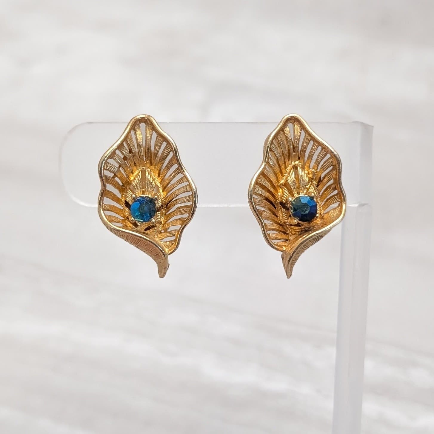 Vintage Clip On Earrings Art Deco Design Gold Tone Folded Leaf with Gem