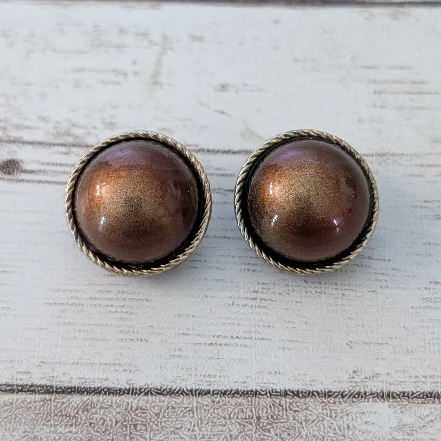 Vintage Clip On Earrings Domed Metallic Brown with Gold Tone Halo