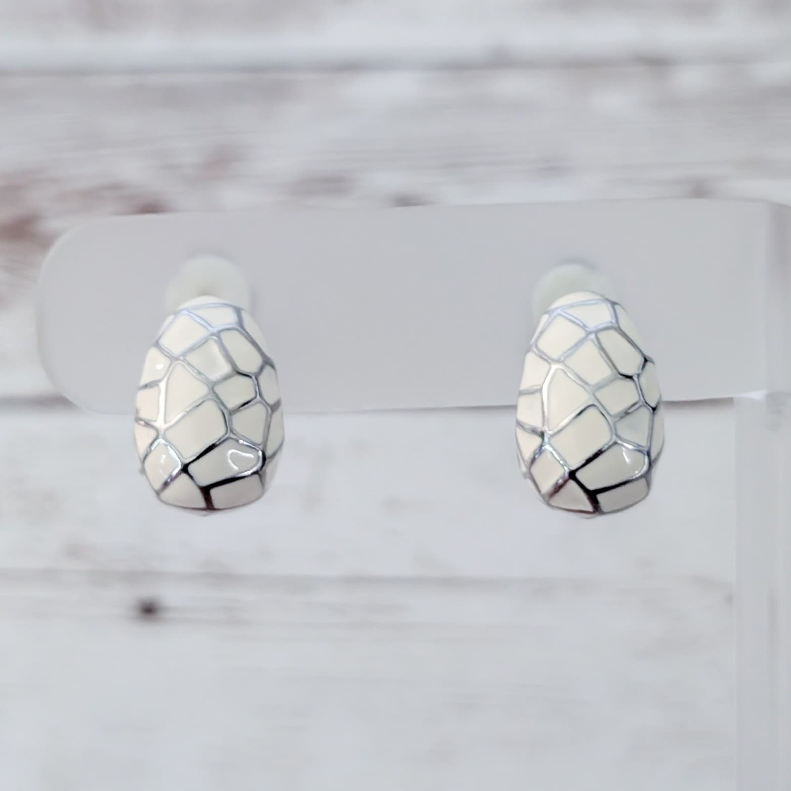 Vintage Clip On Earrings Retro Cream with Silver Tone Curved