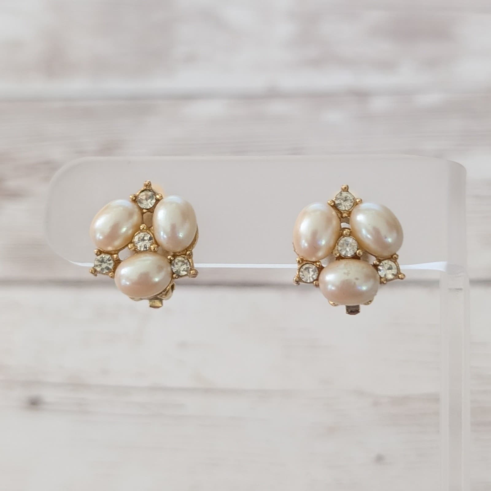 Vintage Richelieu Clip On Earrings Gold Tone, Clear Gem, Faux Pearl - Some Marks