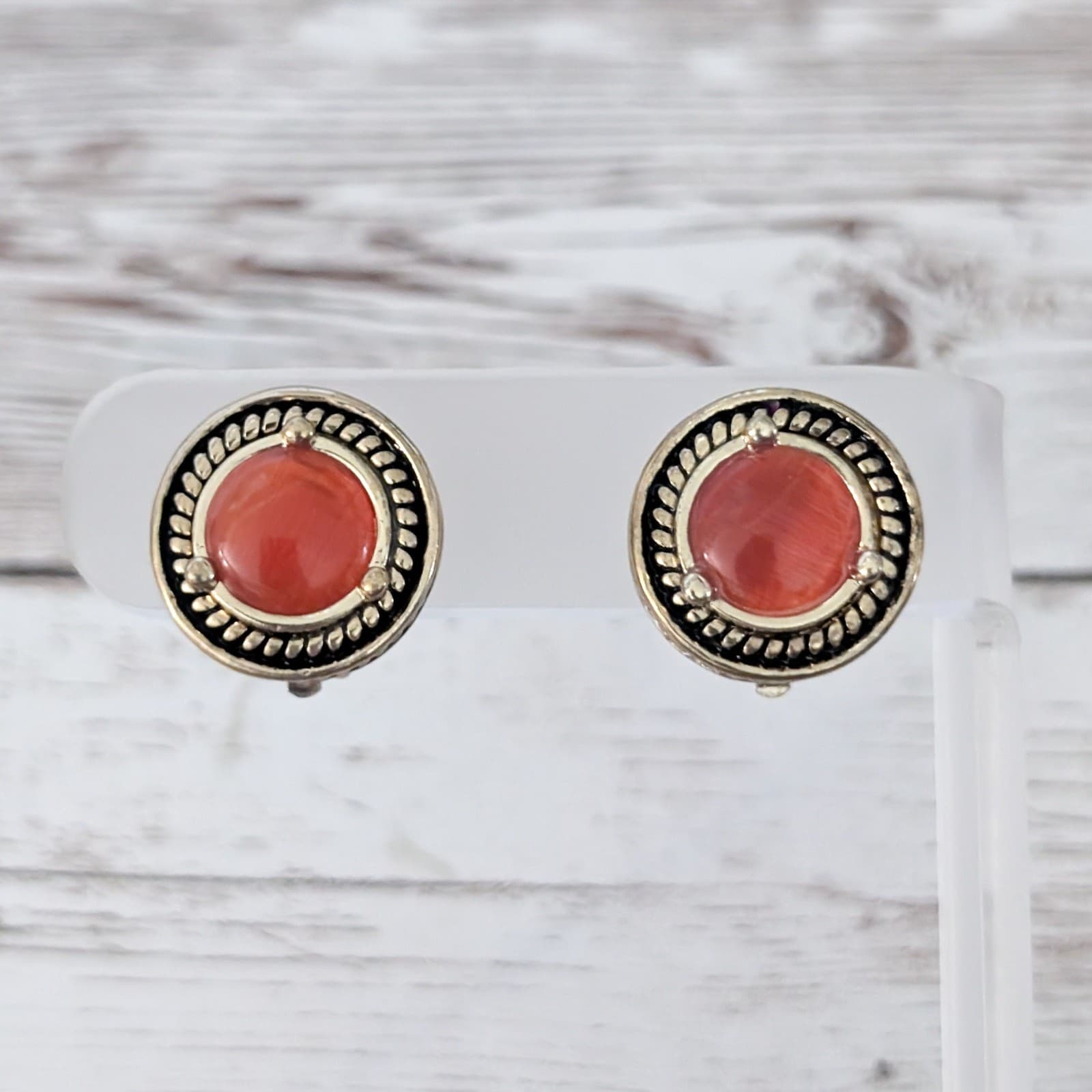 Vintage Clip On Earrings Statement Gold Tone with Orange Center