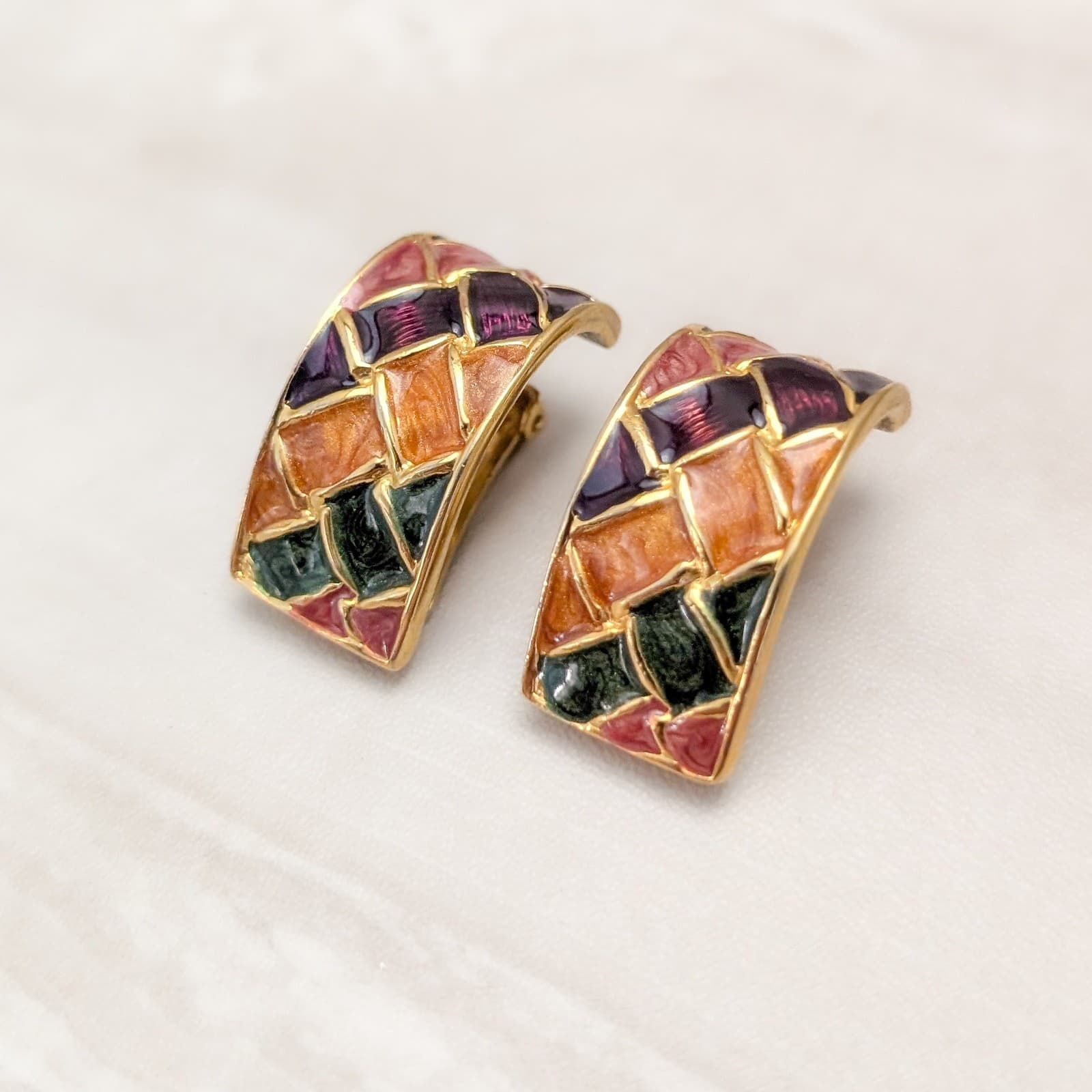 Vintage Clip On Earrings Extra Large Fall Tones Orange Green Burgundy Gold Tone