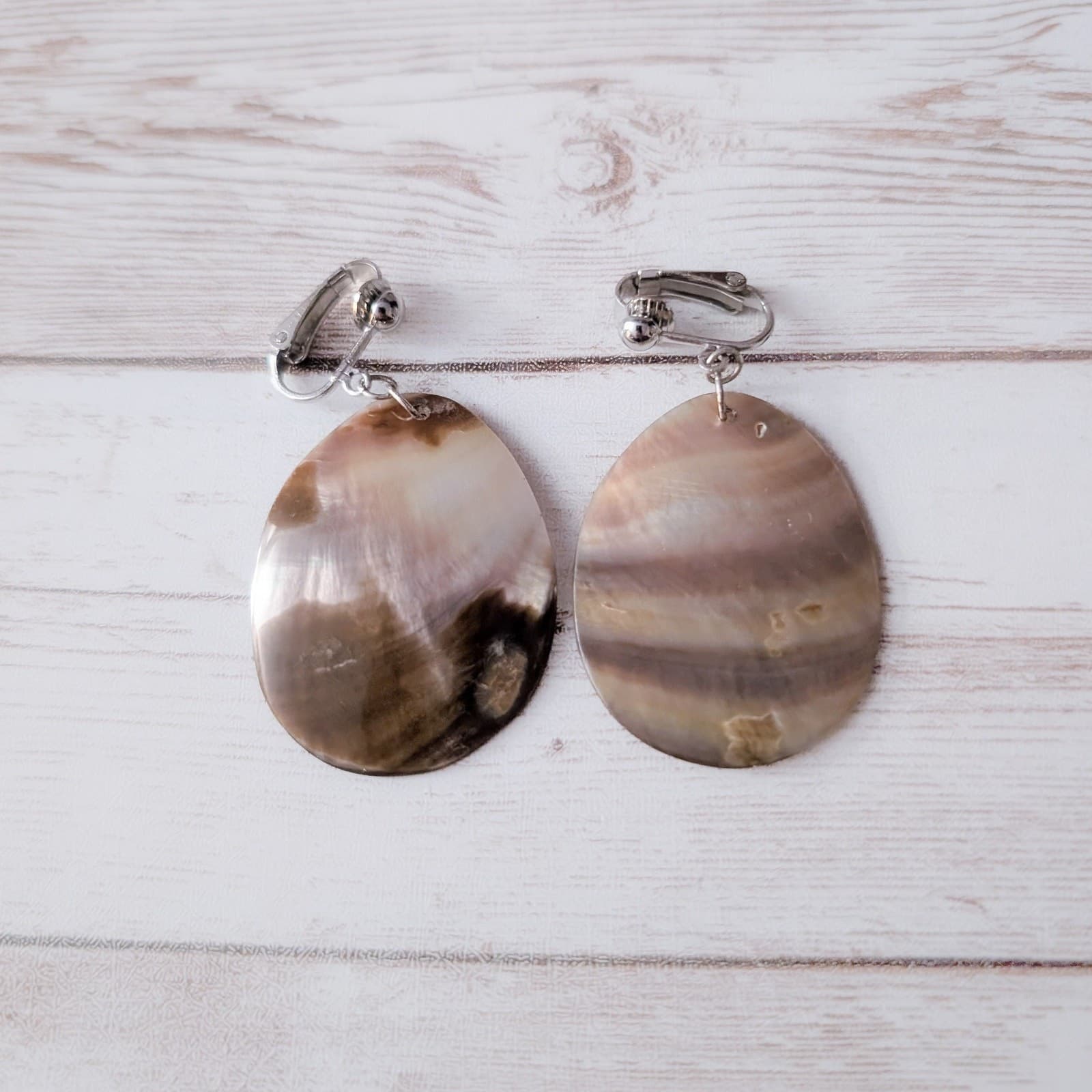 Vintage Clip On Earrings Brown Tones Shell? Dangle Statement Boho Feel