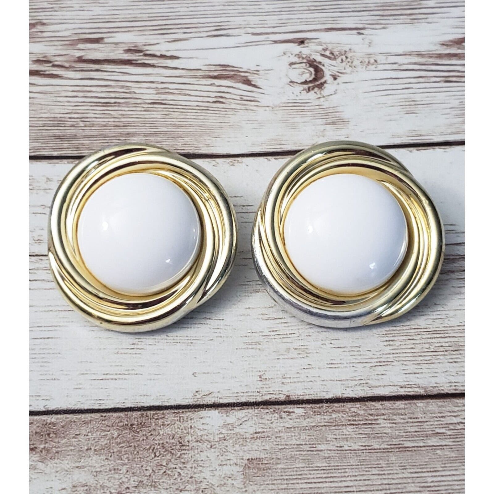 Vintage Clip On Earrings - Extra Large White Circle Gold Tone Halo Statement
