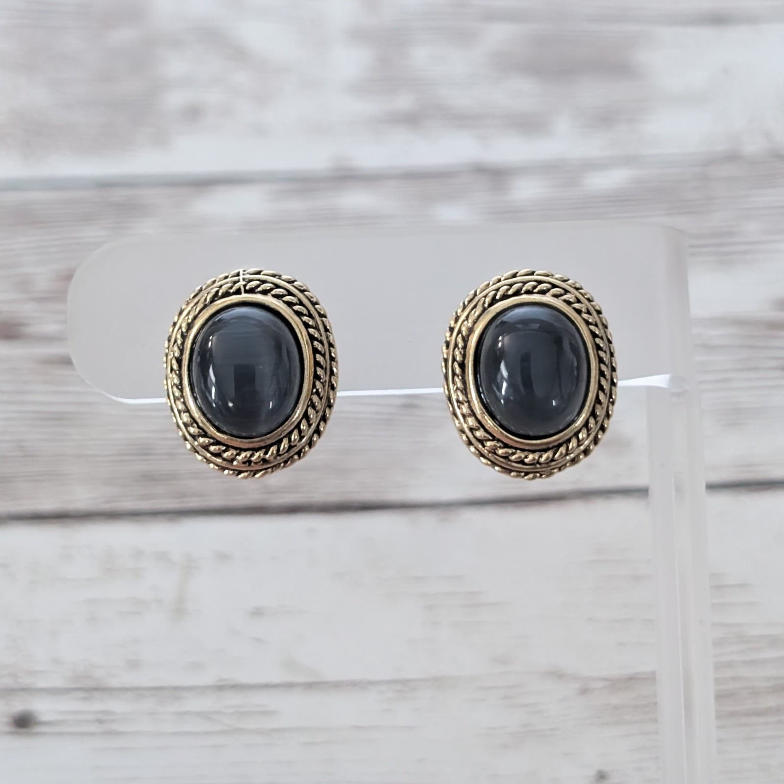 Vintage Clip On Earrings Smokey Tone Center and Gold Tone Halo