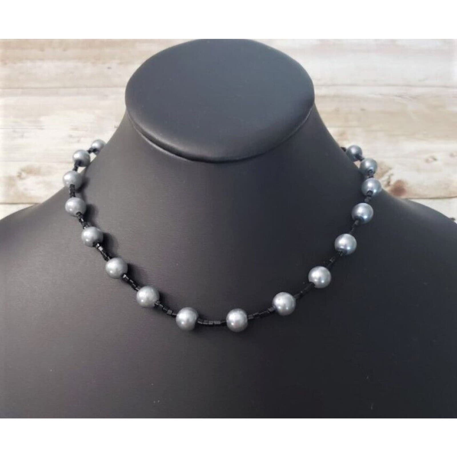 Vintage Necklace - Silvery Blue Faux Pearl & Beaded Necklace