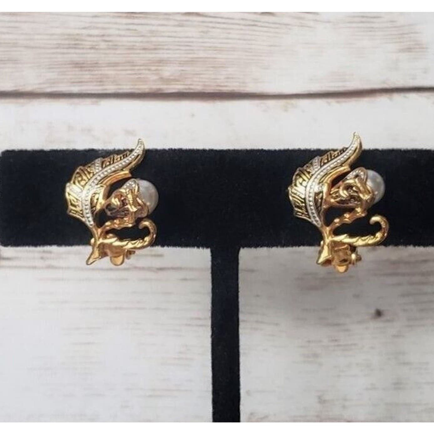 Vintage Clip On Earrings Stunning Ornate Leaf Design with Faux Pearl