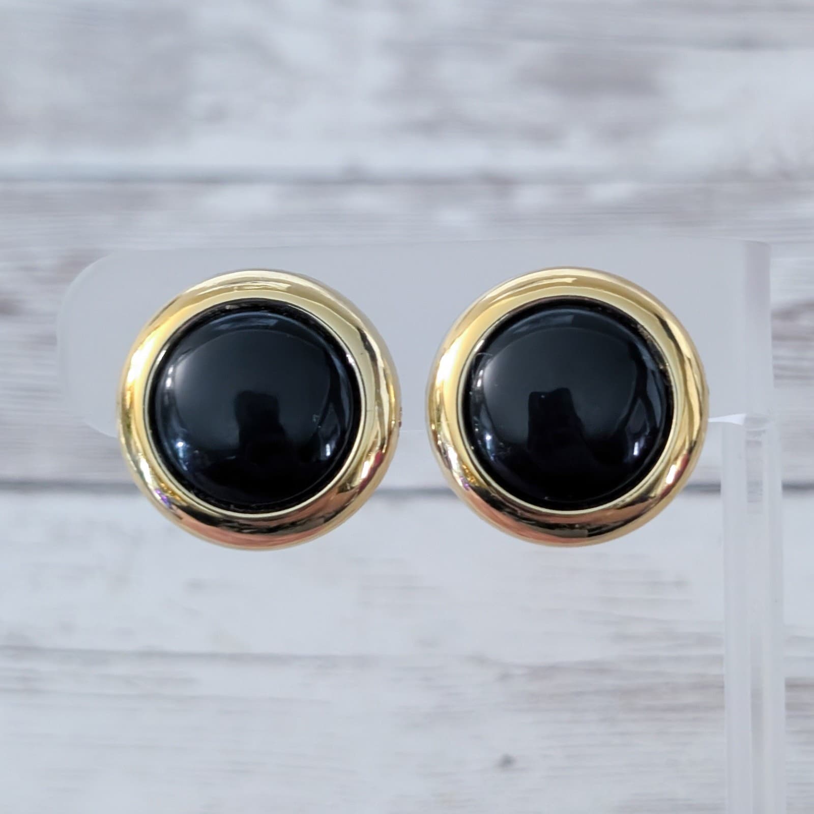 Vintage Clip On Earrings 7/8" Statement Black & Gold Tone