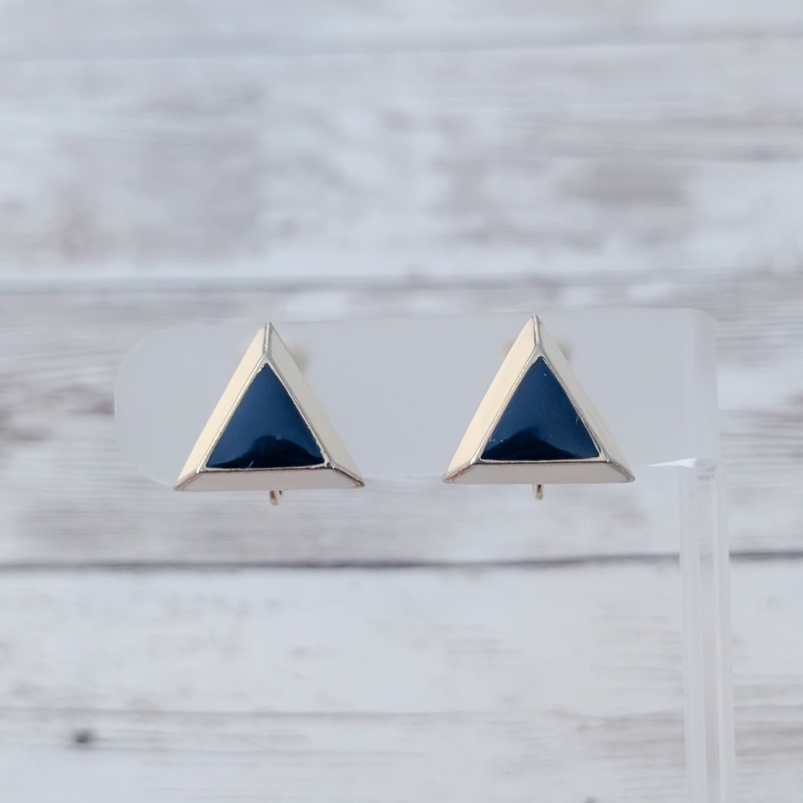 Vintage Clip On Earrings Retro Cream & Blue Triangle