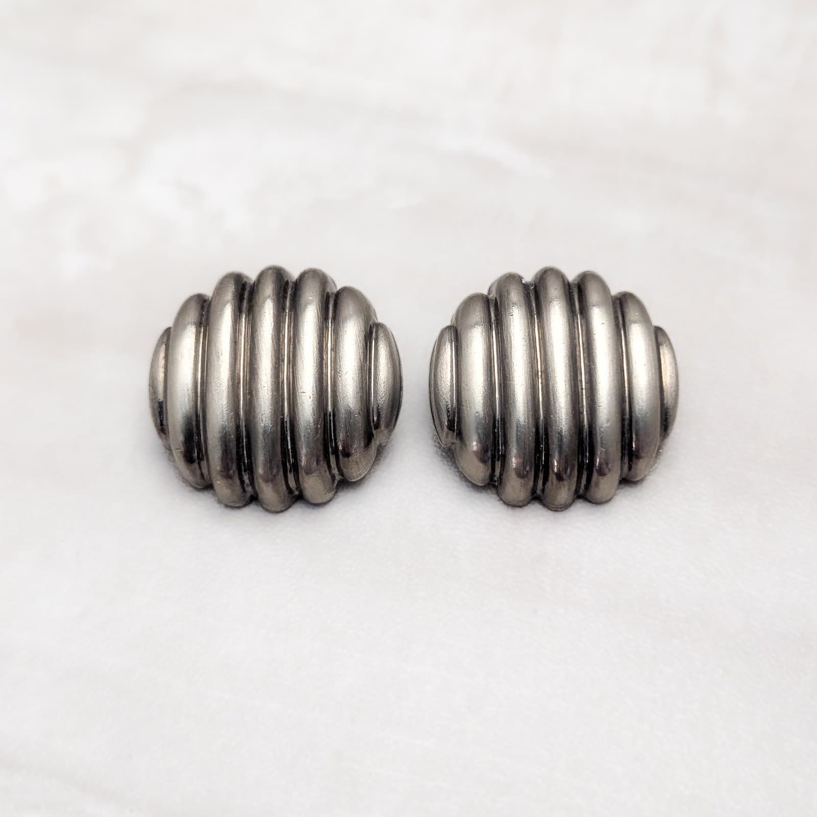 Vintage Clip On Earrings 1.25" Large Ridged Dark Silver Tone Metal Industrial