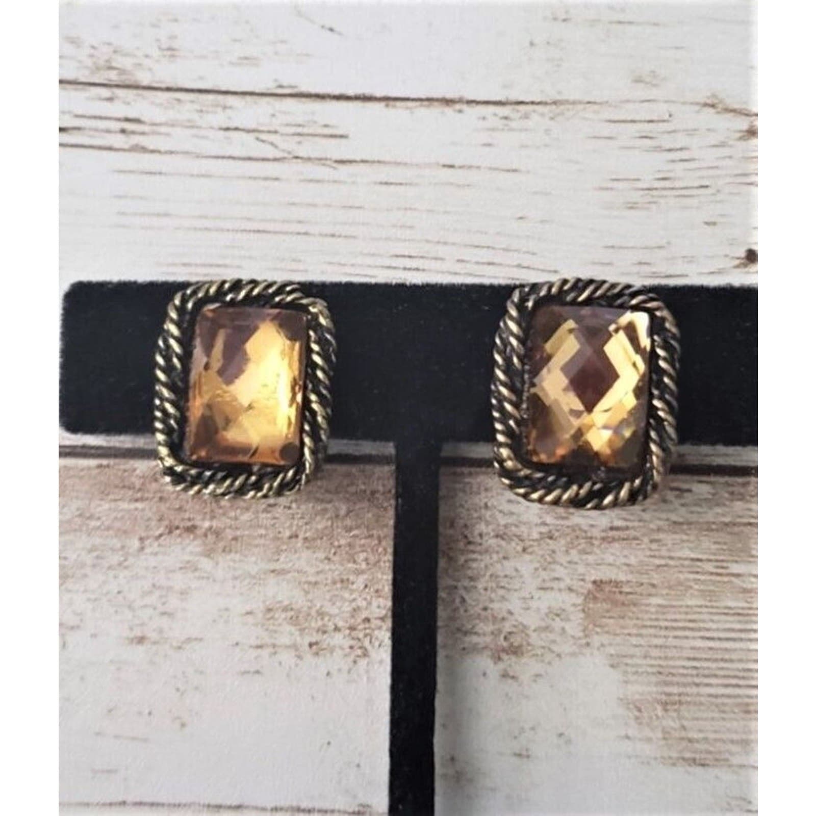 Vintage Clip On Earrings - Amber Tone Gem with Twisted Halo 0.75"
