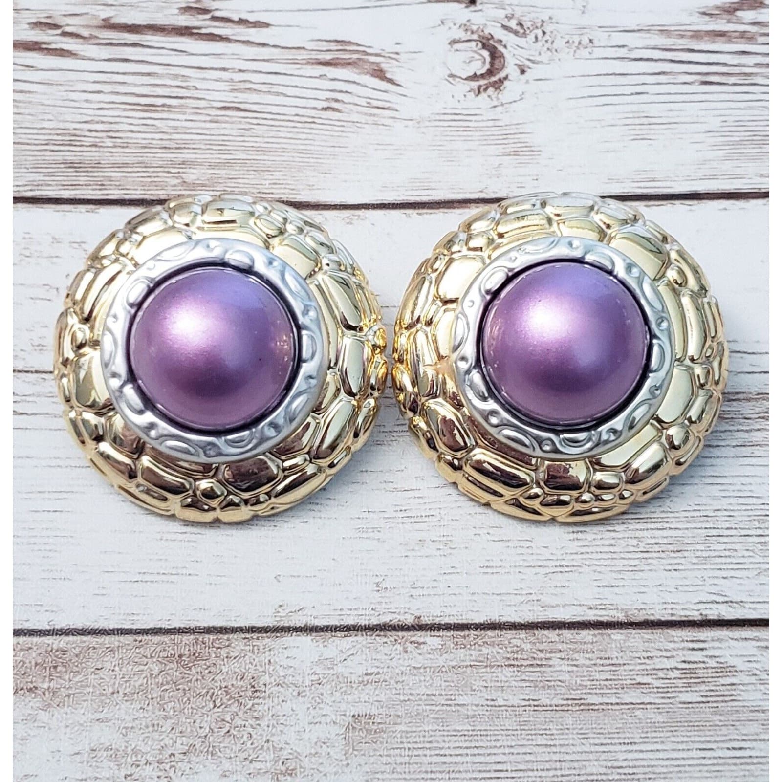 Vintage Clip On Earrings Large Statement Metallic Purple, Gold Tone, Silver Tone