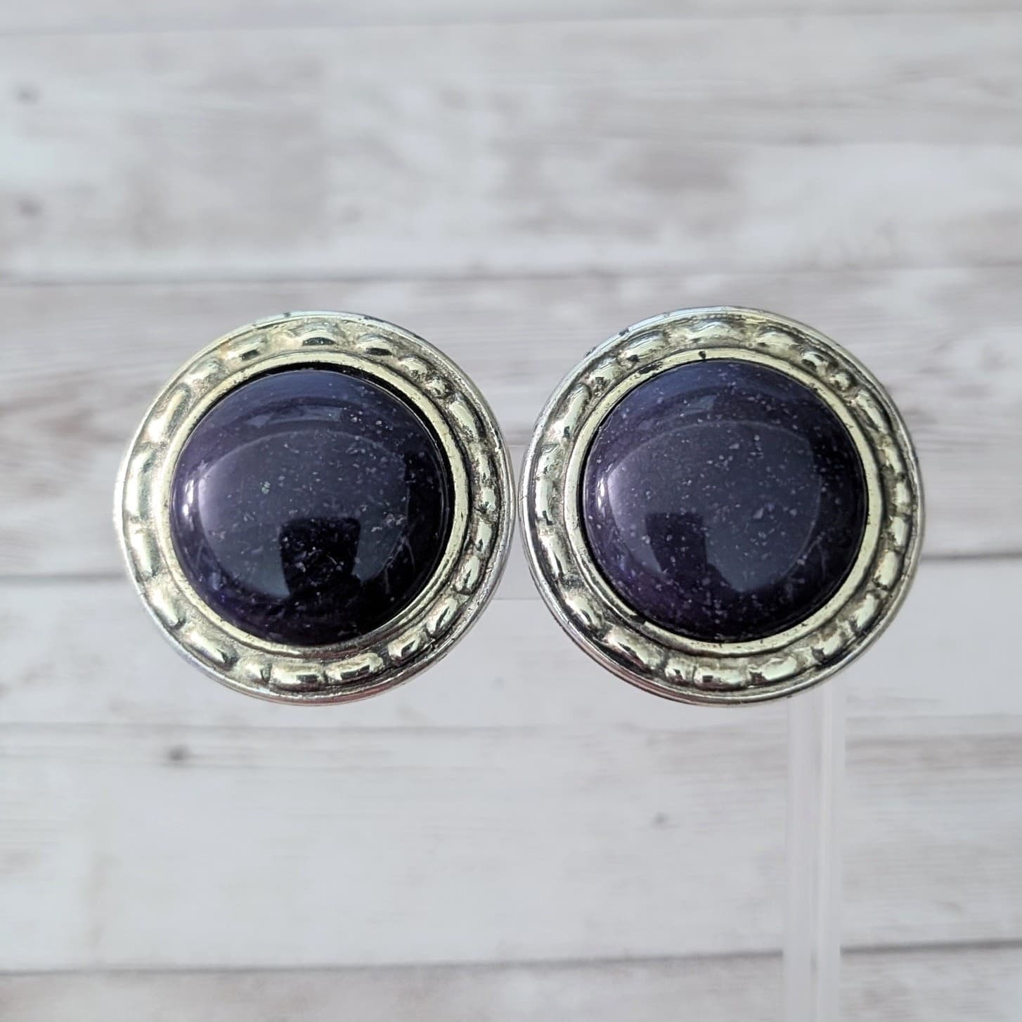 Vintage Clip On Earrings Speckled Midnight Tones with Gold Tone Halo
