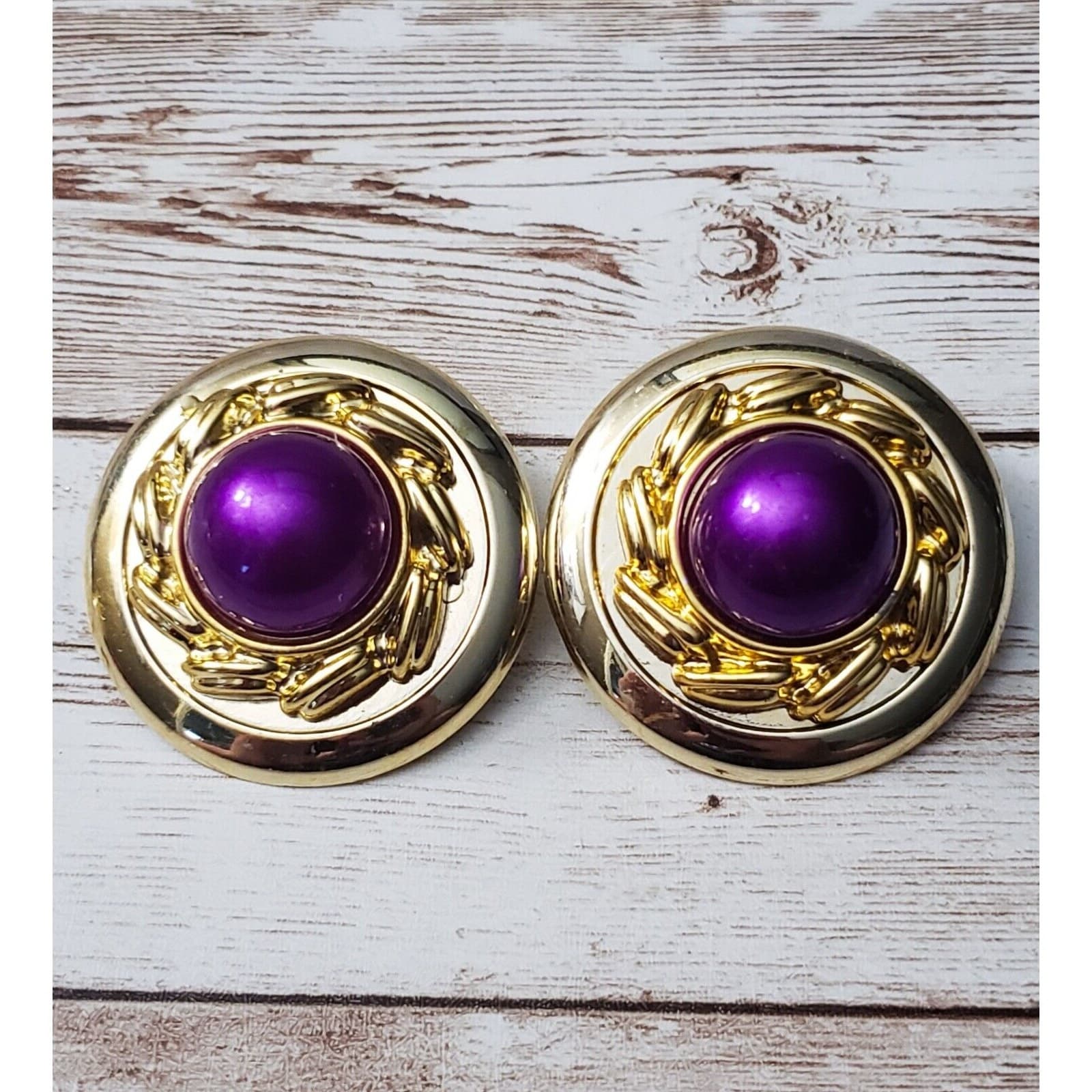 Vintage Clip On Earrings - Large Statement Earrings Purple & Gold Tone 3D