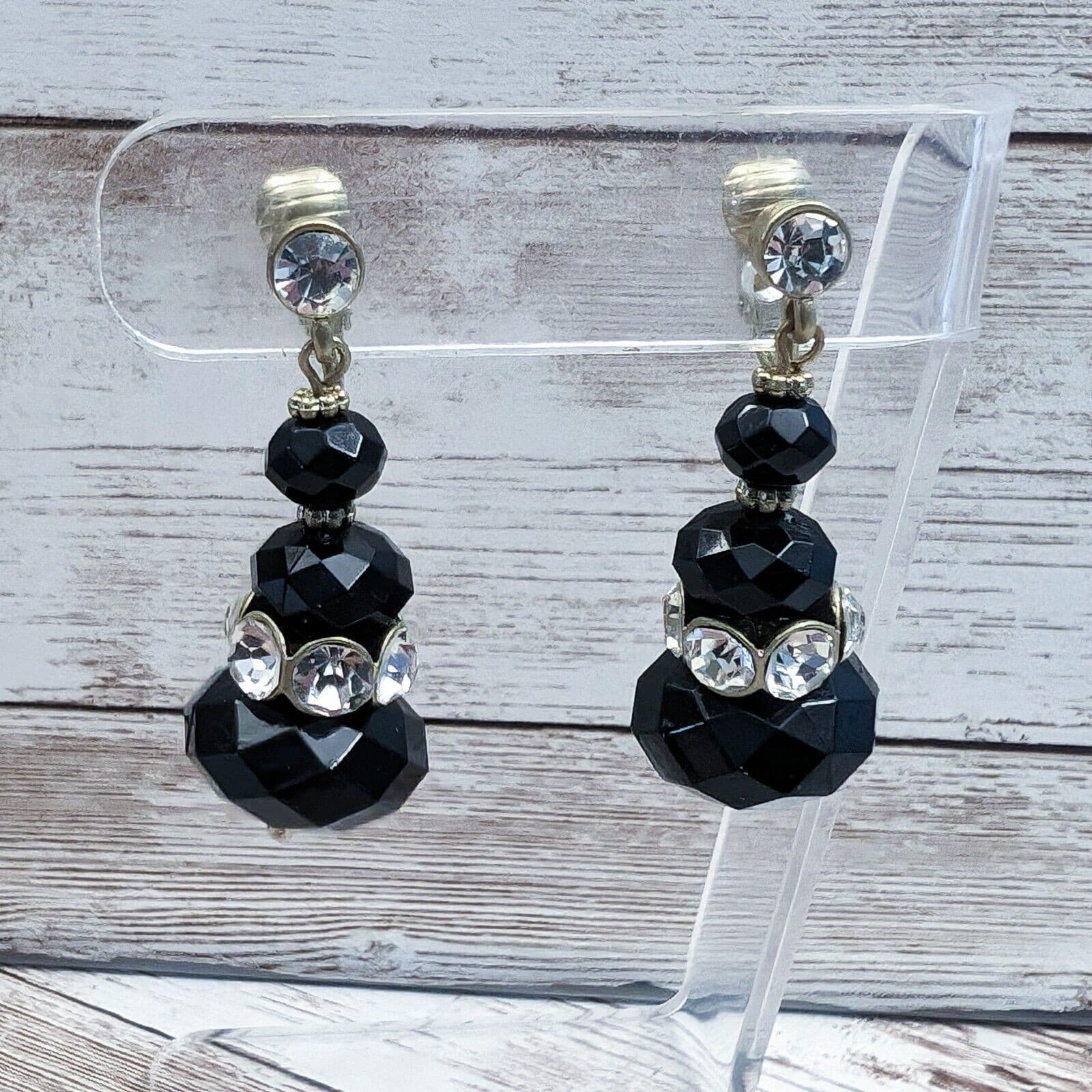 Vintage Clip On Earrings - Black Faceted Bead Dangle