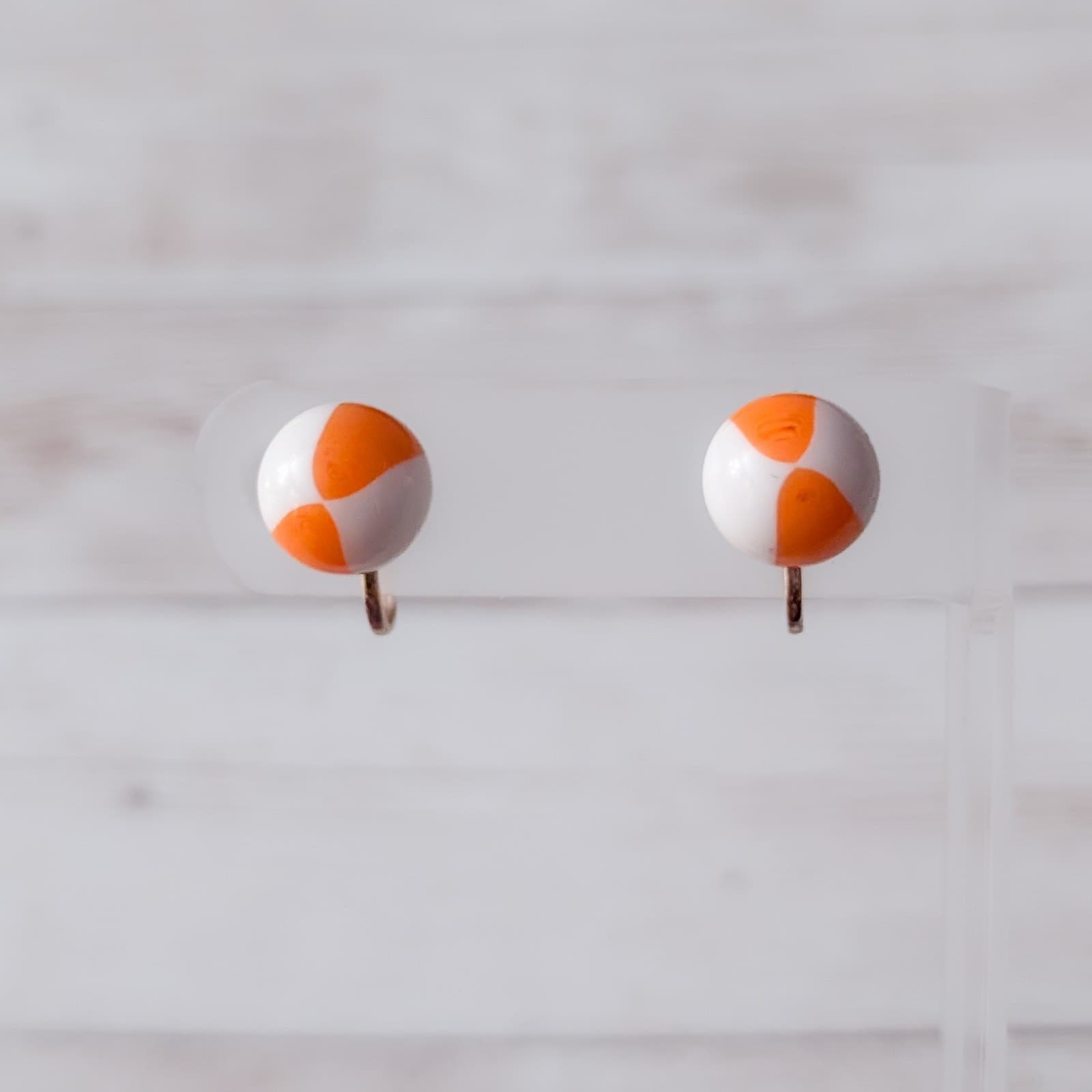Vintage Screw On Earrings Retro Orange & White Beach Ball Like