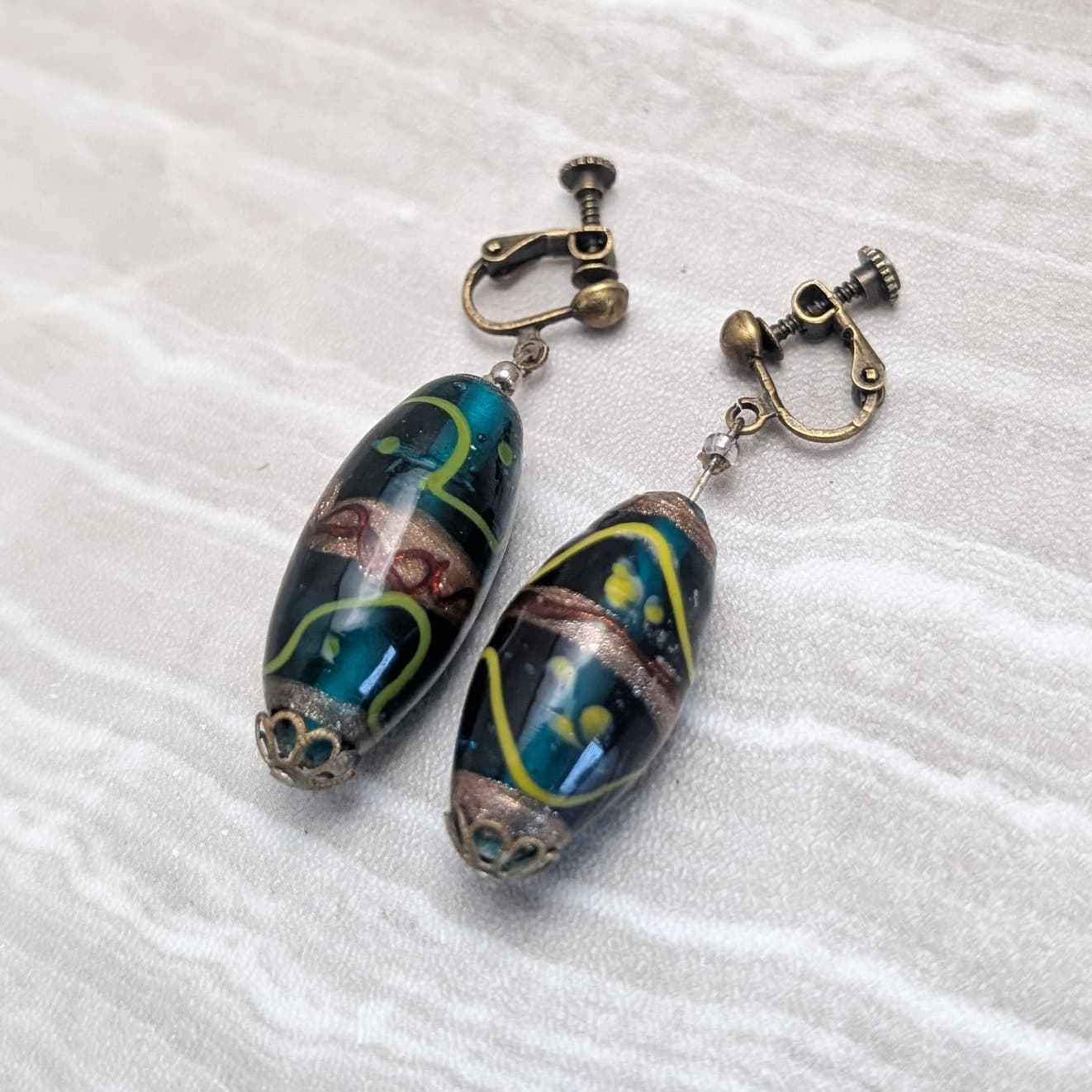Vintage Clip On Earrings Dark Green/Teal Glass Bead Dangle with Pattern Large