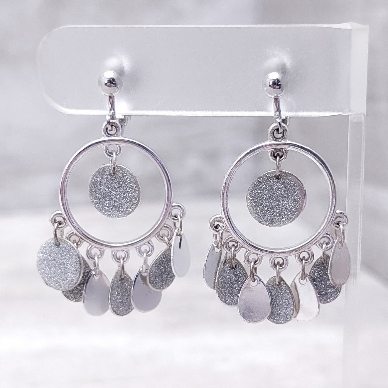 Vintage Clip On Earrings Pretty Silver Tone Dangle Earrings with Disk Charms