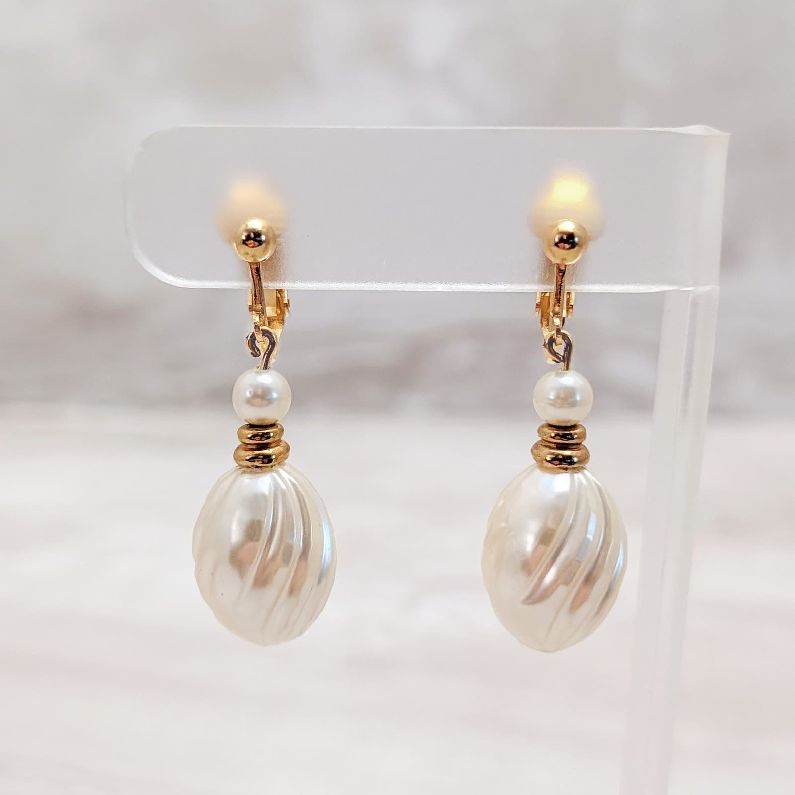 Vintage Clip On Earrings Gold Tone & Faux Pearl with Design Dangle Drop