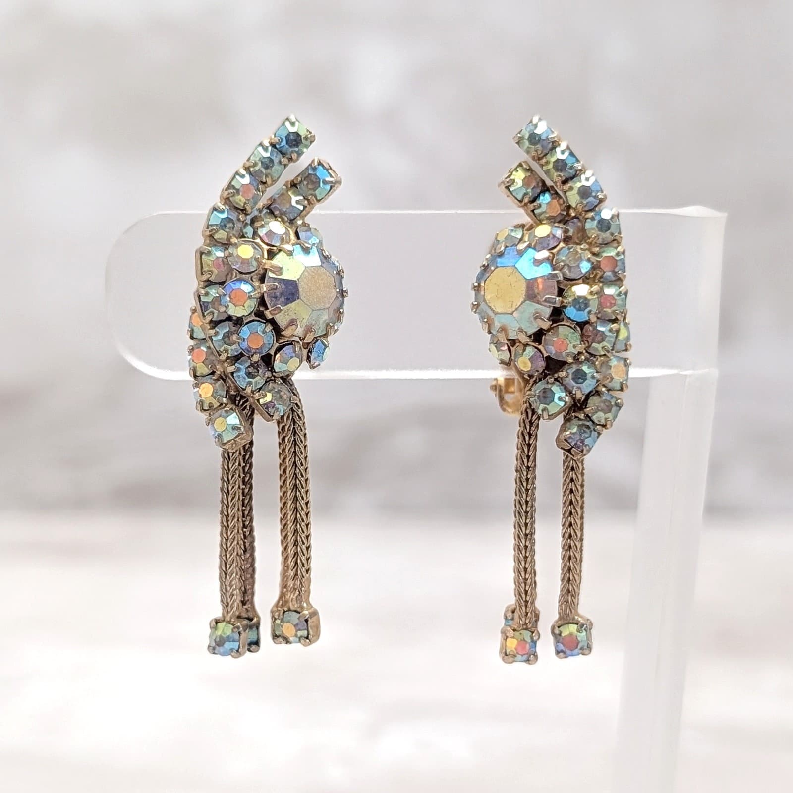 Vintage Clip On Earrings Gold Tone & Aurora Borealis Tassel Dangle 2"