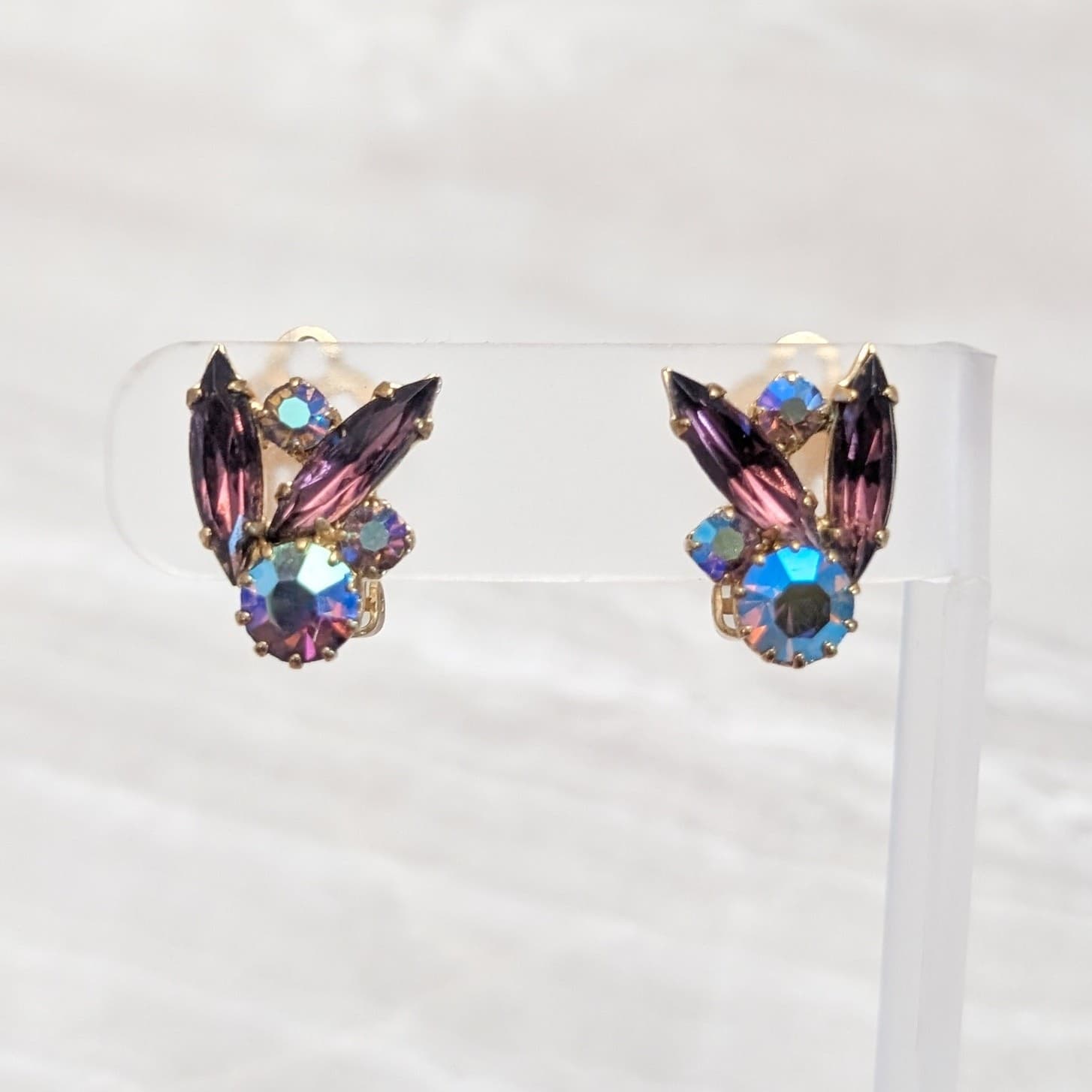 Vintage Clip On Earrings Purple & Purple Aurora Borealis Gems