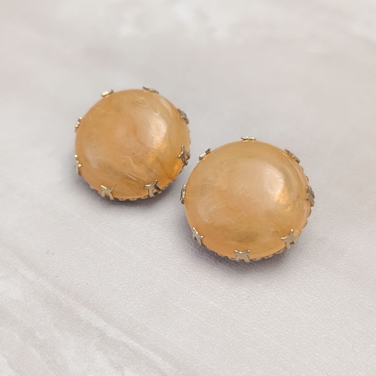 Vintage Clip On Earrings Domed Orangey Amber Tone with Ornate Gold Tone Setting