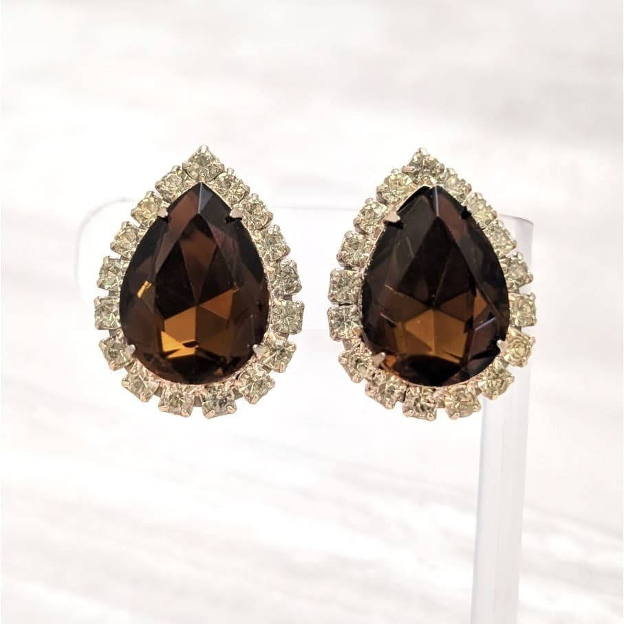 Vintage Clip On Earrings Very Large Brown Teardrop Gem with Halo Statement