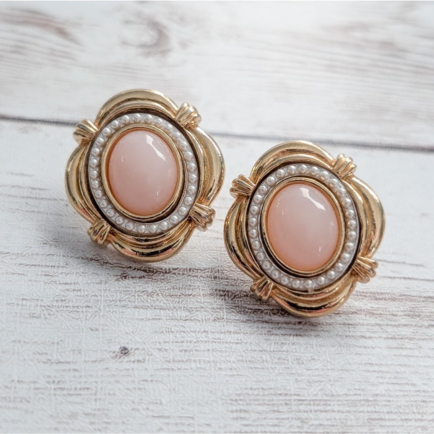 Vintage Stud Earrings Pink, Cream, Gold Tone Ornate Statement