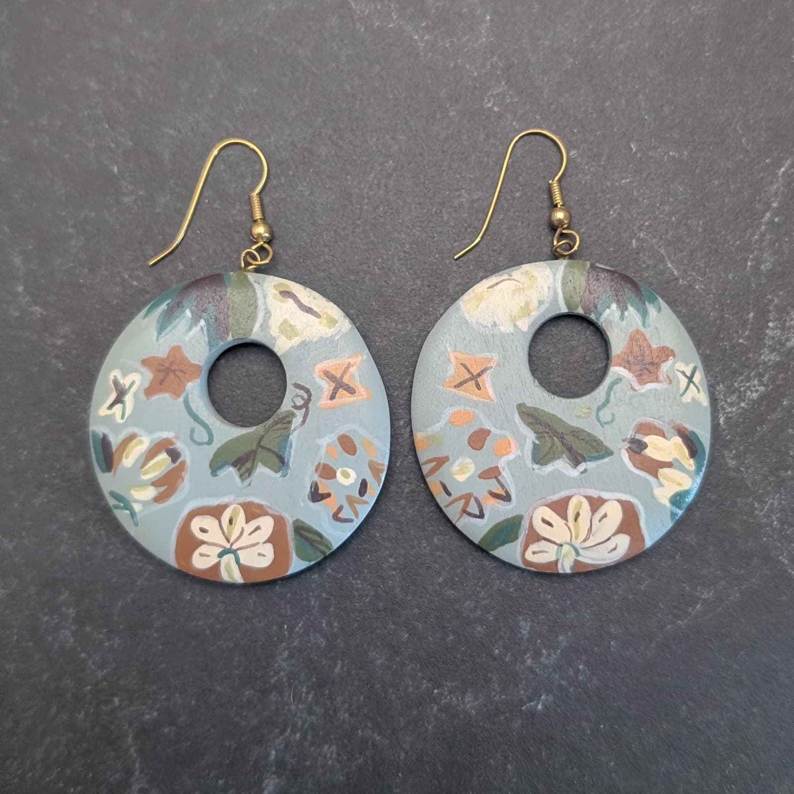 Vintage Dangle Earrings Large Whimsical Floral Dangle - Light Blue, Cream Tones