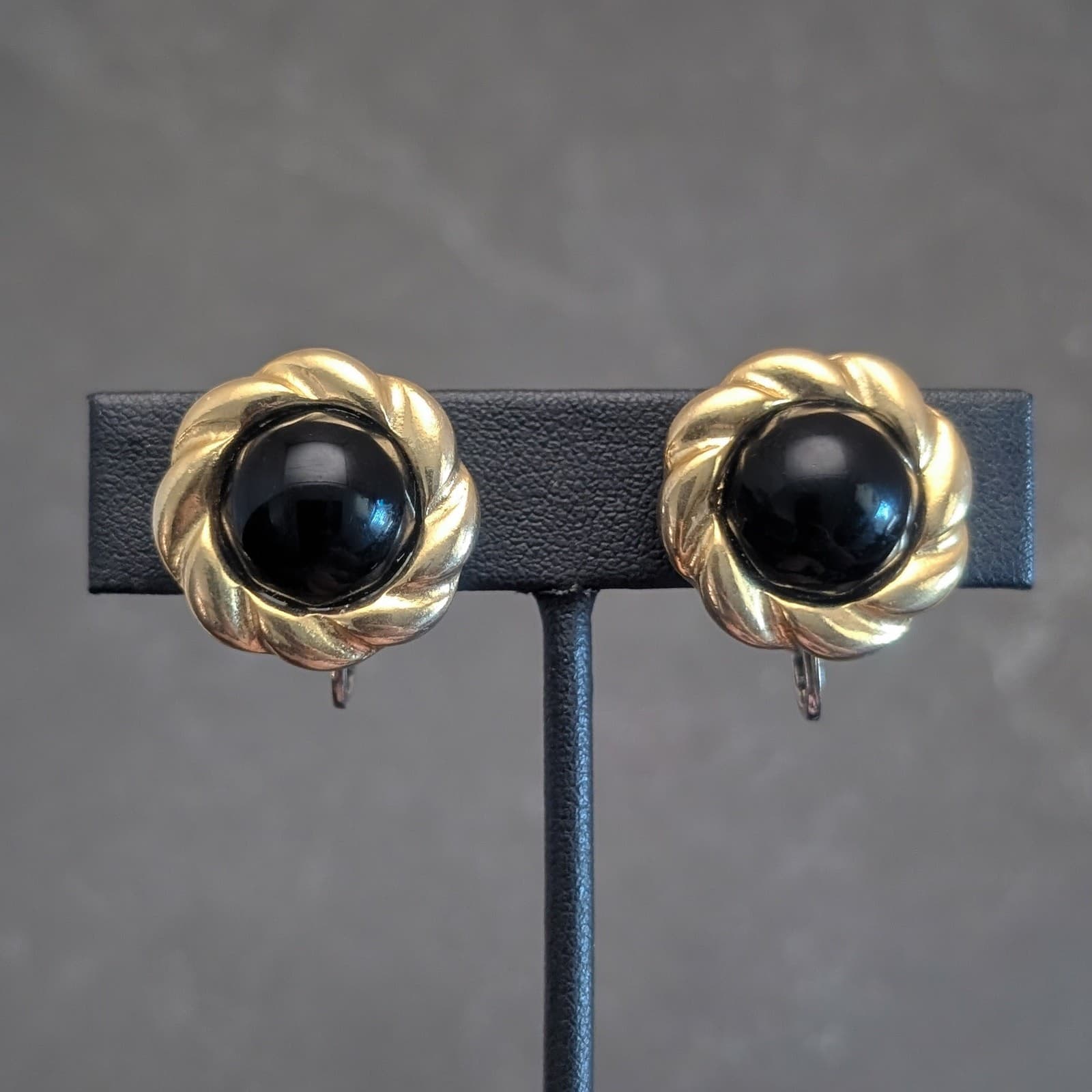 Vintage Clip On Earrings Shiny Black Center with Twisted Gold Tone Halo