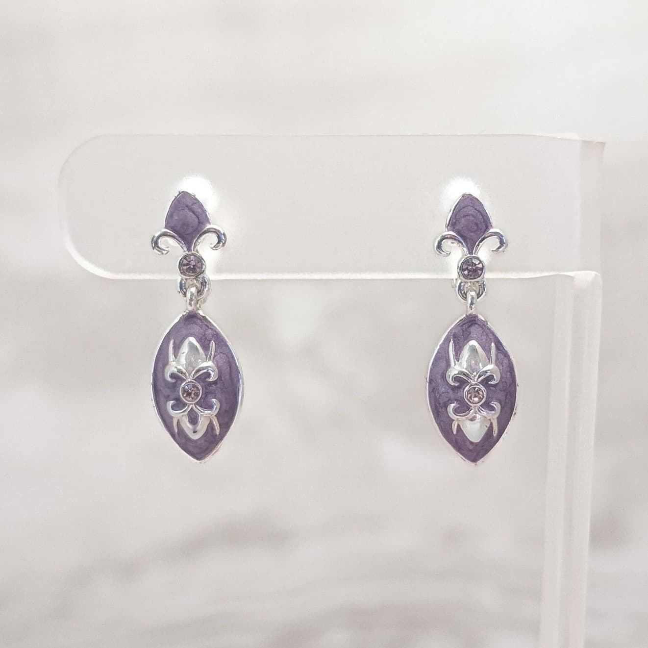Vintage Clip On Earrings Purple & Silver Tone Fleur De Lis Like Dangle Drop