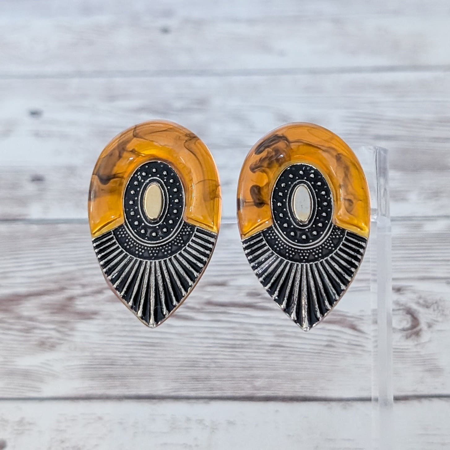 Vintage Clip On Earrings Stunning Metal & Amber Tone Statement