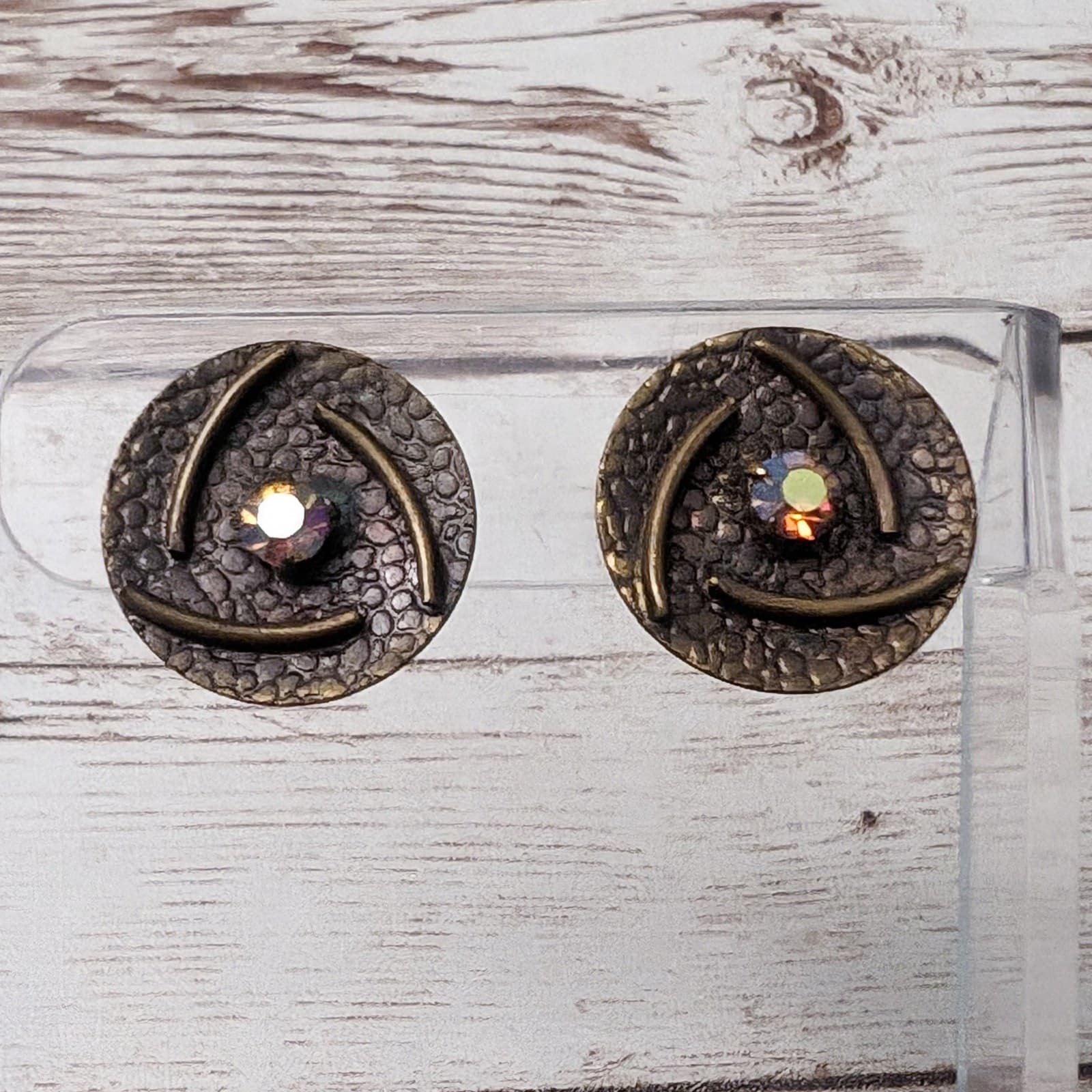 Vintage Clip On Earrings Metal Circle with Iridescent Gems