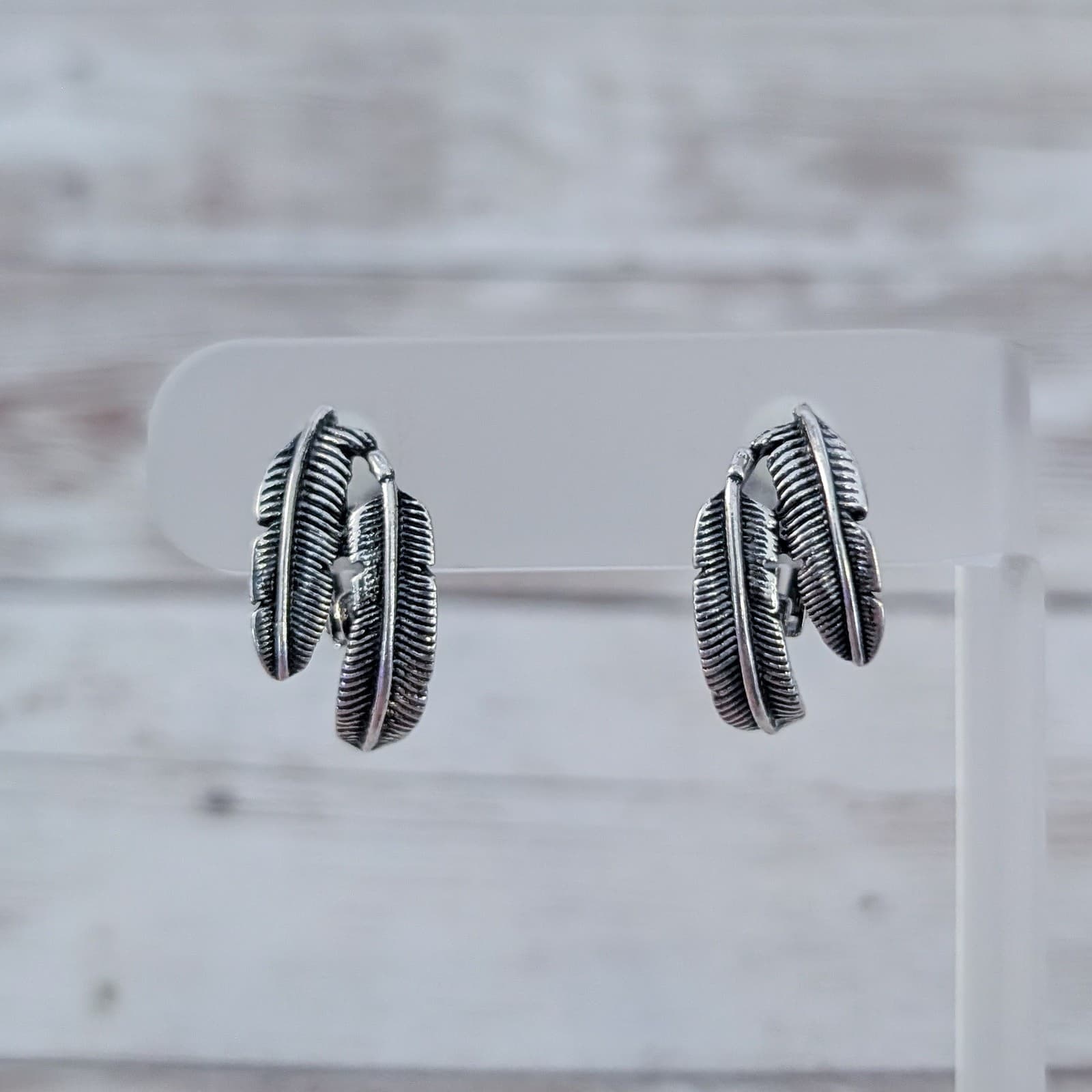 Vintage Clip On Earrings Silver Tone Feather Duo