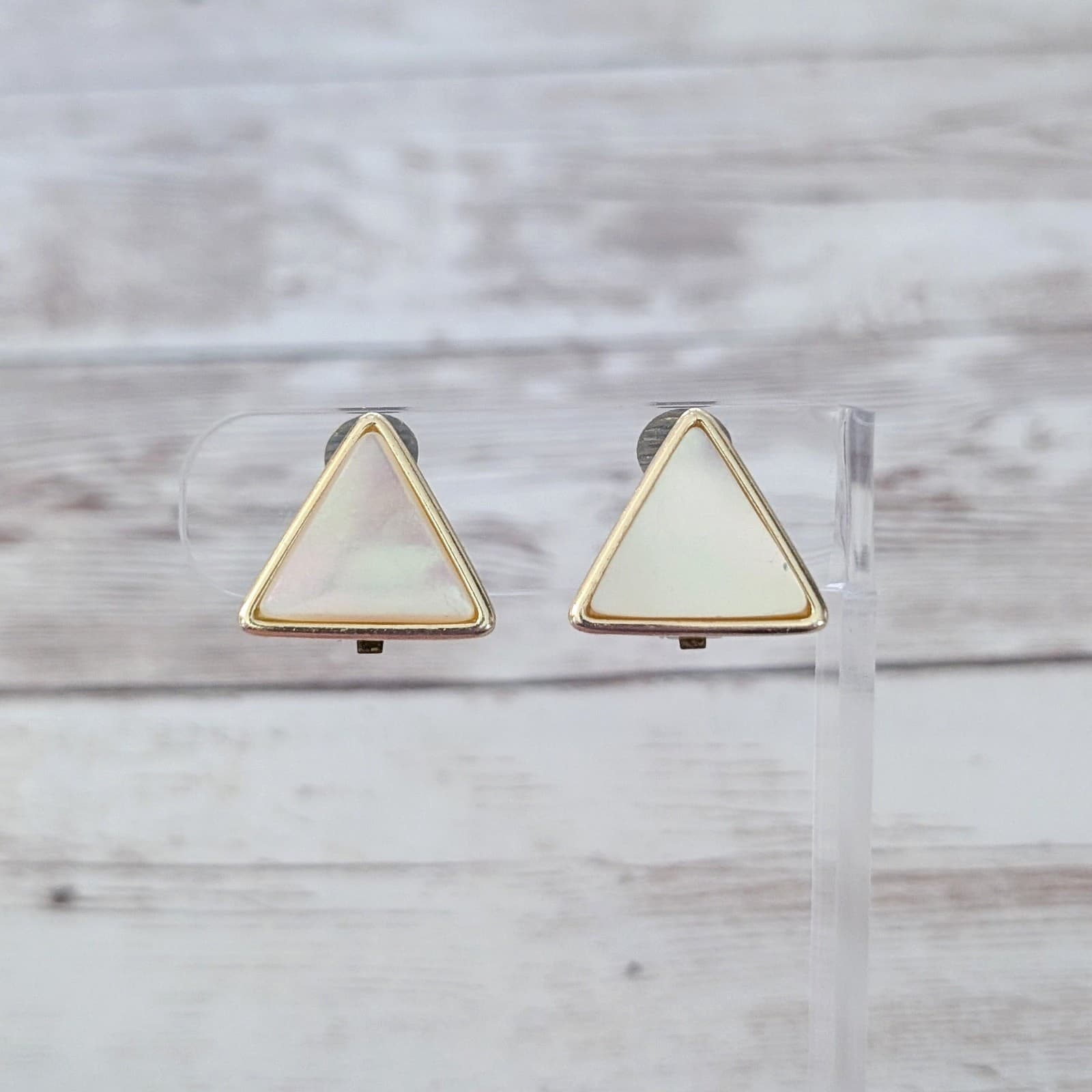 Vintage Clip On Earrings 0.75" Mother of Pearl? Triangle - Tarnish to Rear