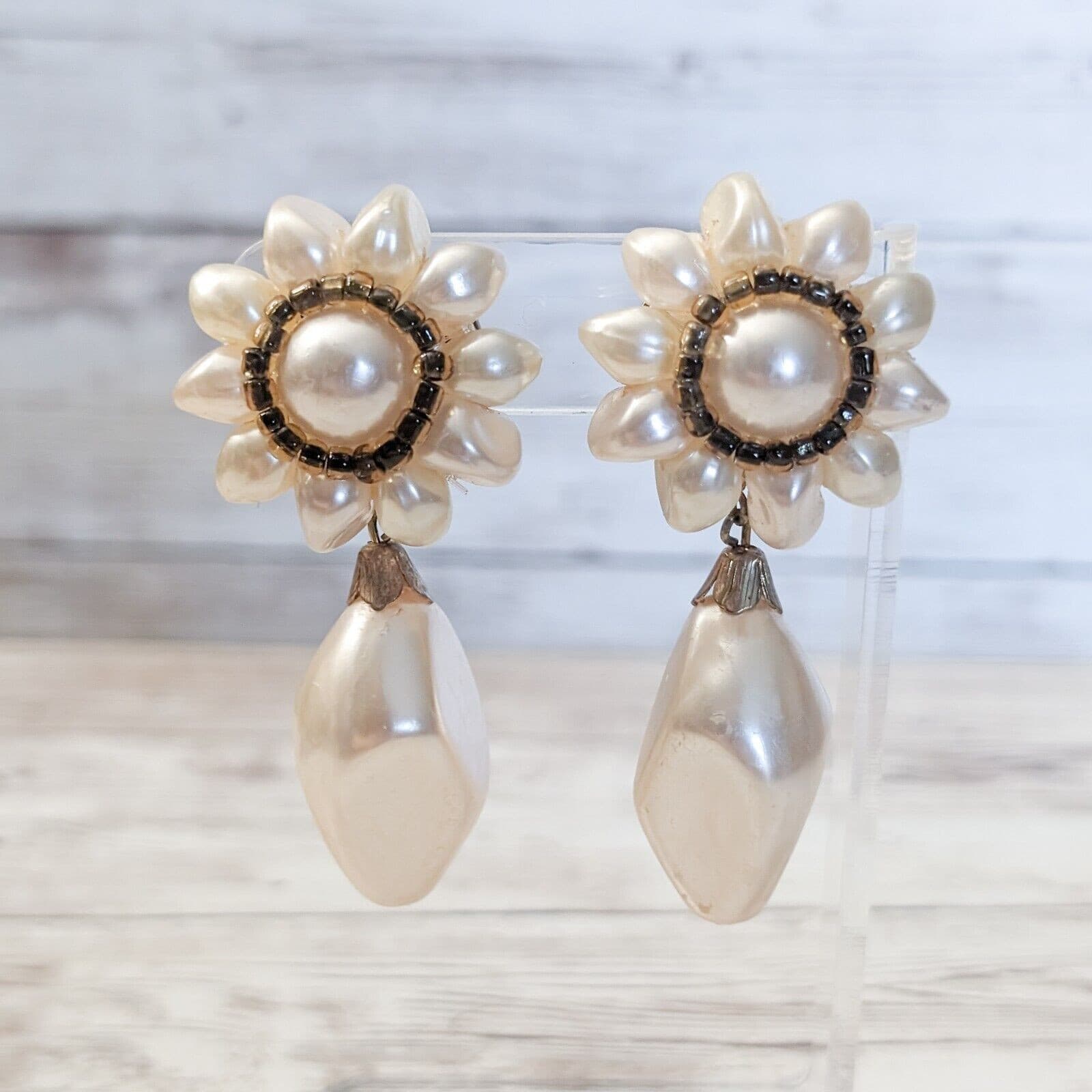 Vintage Clip On Earrings - Cream Statement Extra Large Dangle Earrings