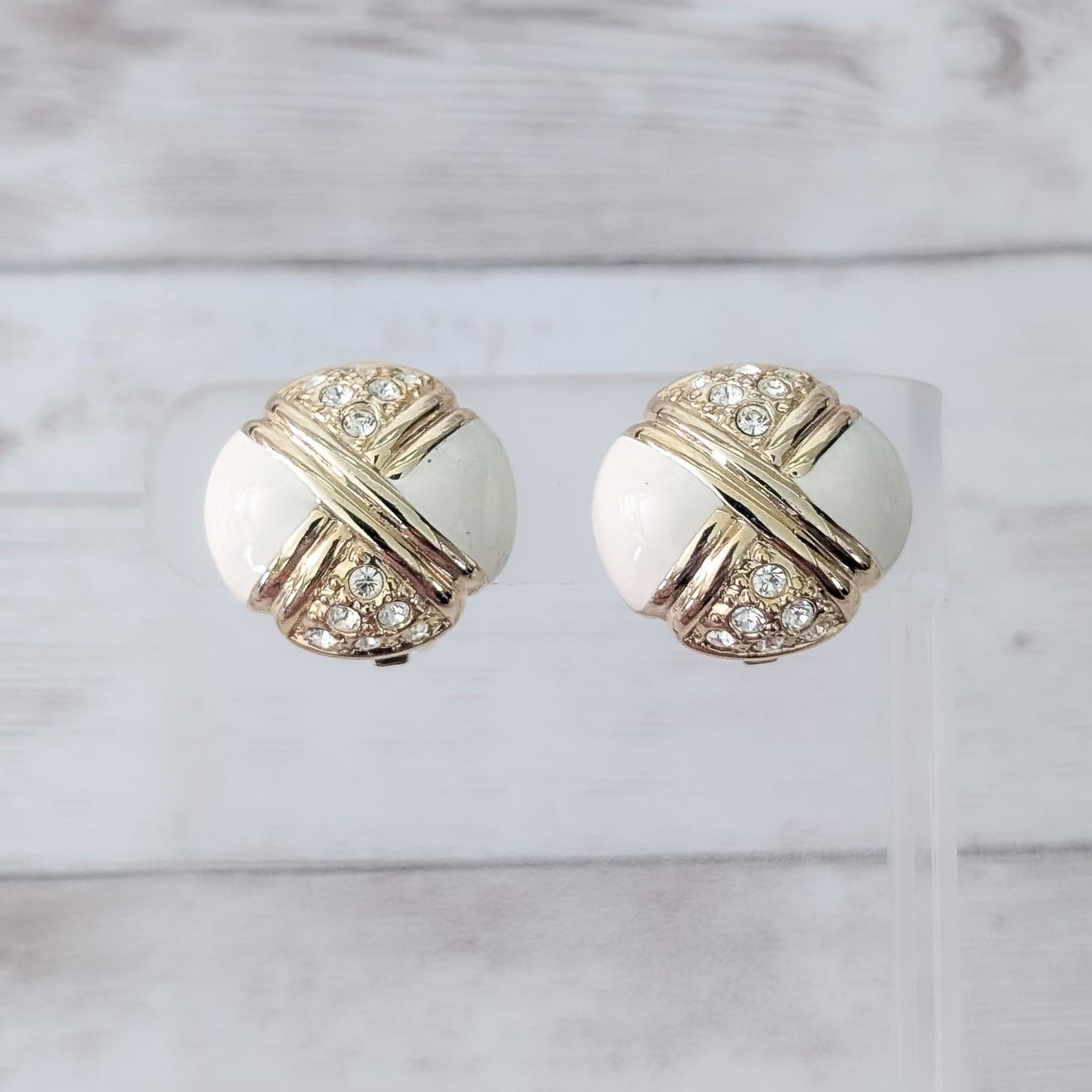 Vintage Clip On Earrings Stylish & Regal Gold Tone, Cream Enamel & Clear Gem