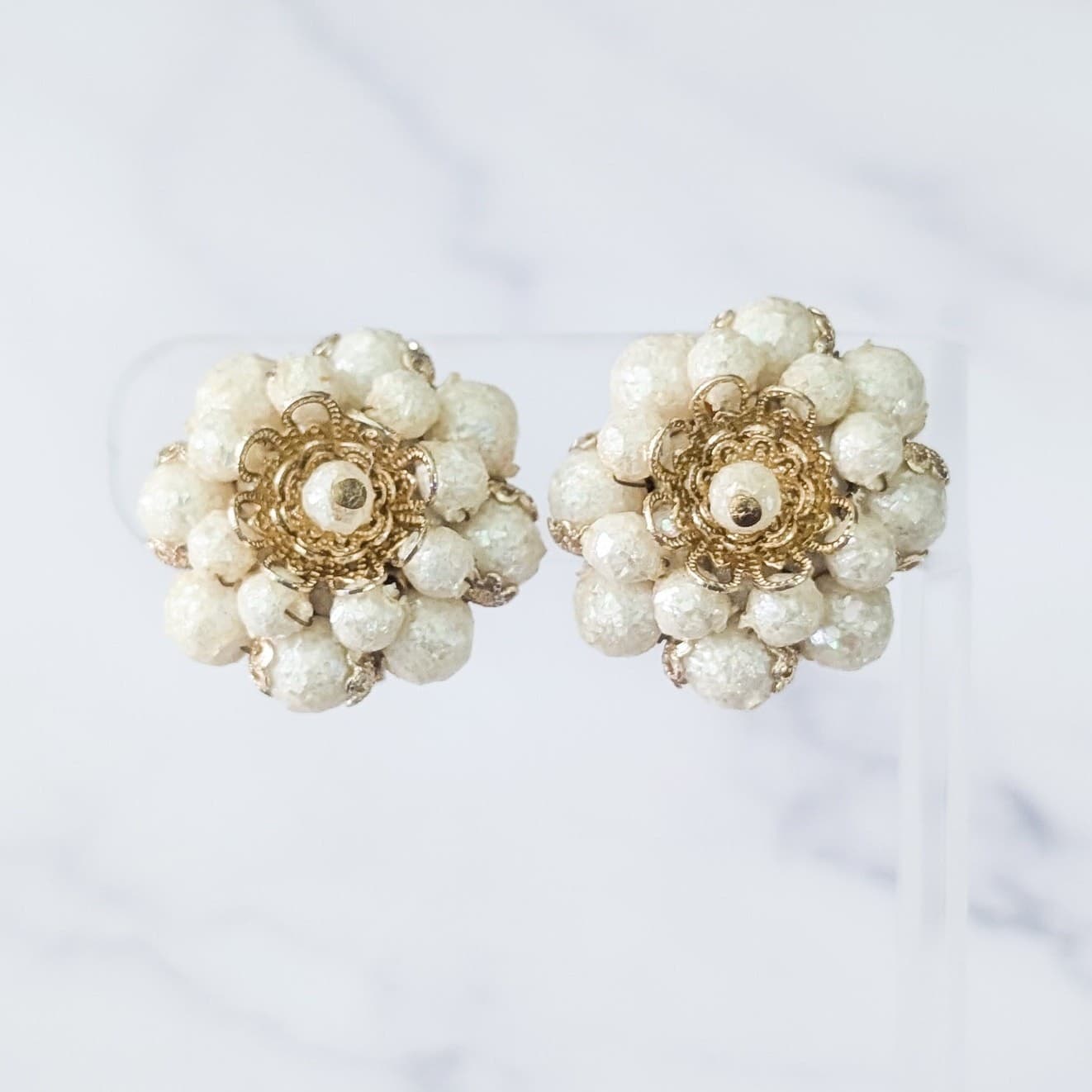Vintage Clip On Earrings Cream & Gold Tone Stamped Japan Large