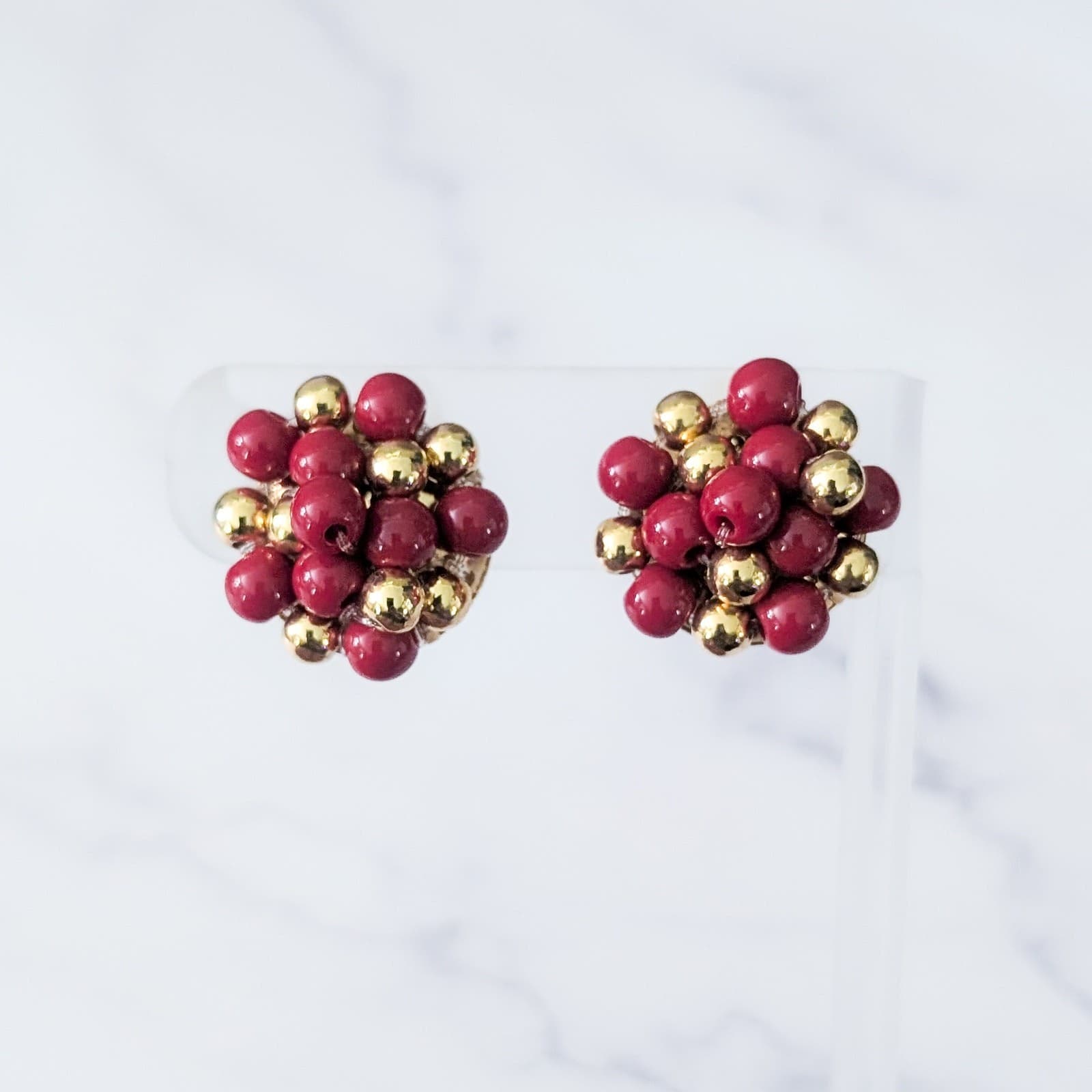 Vintage Clip On Earrings Red & Gold Tone Statement Cluster 7/8"