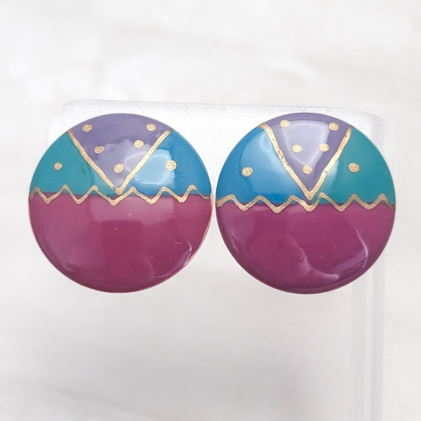 Vintage Clip On Earrings Large Circle Dark Pink, Teal, Purple Statement 1.25"