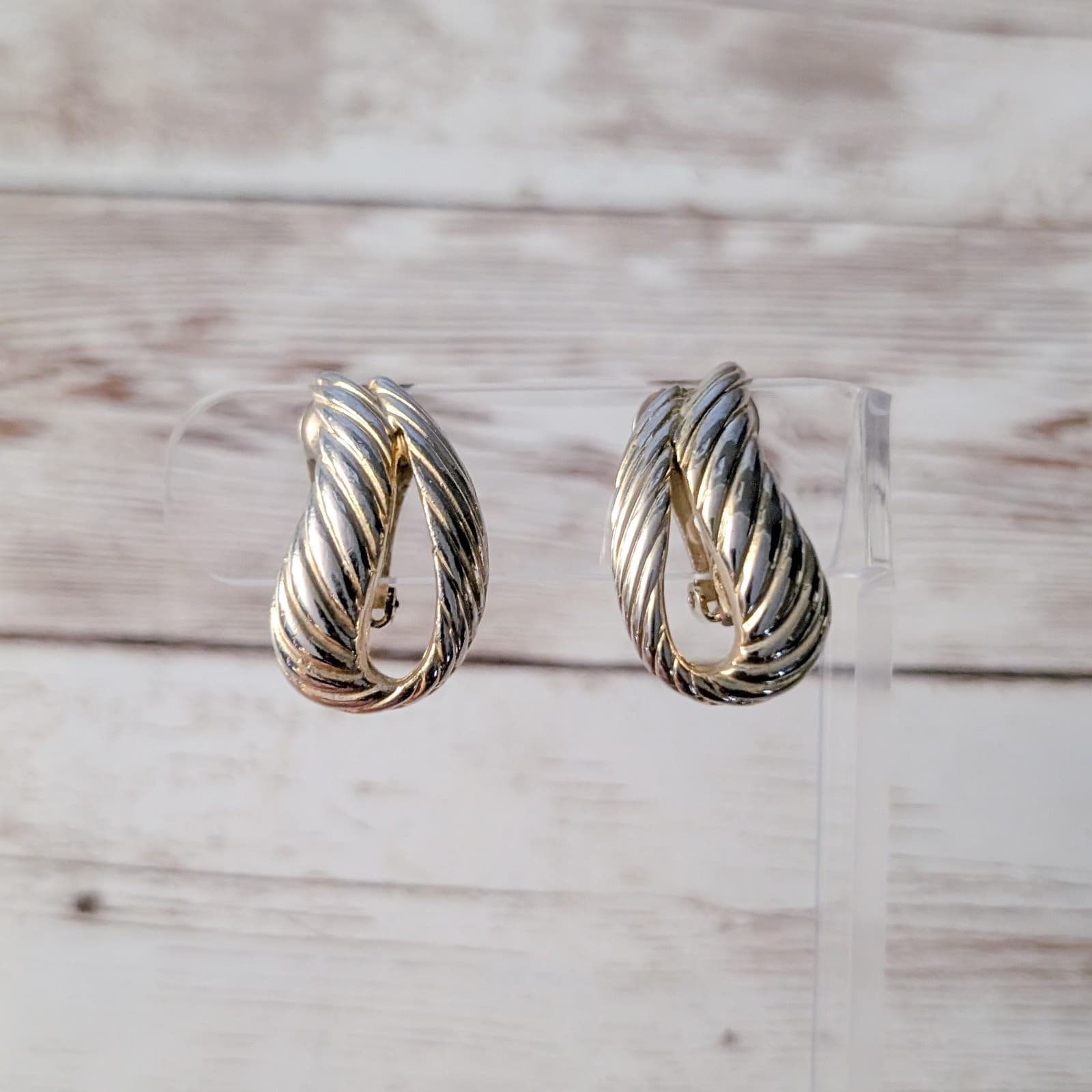 Vintage Clip On Earrings Stylish Gold Tone with Line Design 1"
