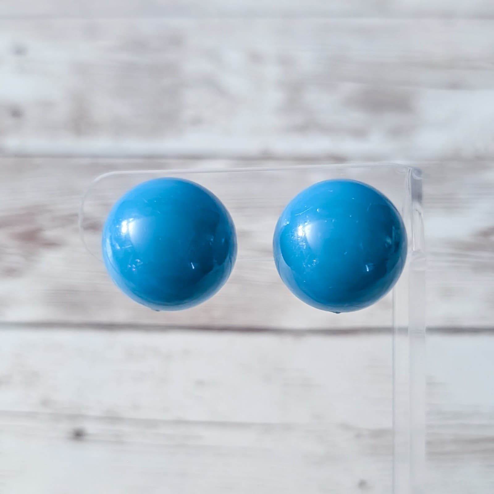 Vintage Clip On Earrings Just Under 7/8" Bright Blue Domed Circle Retro