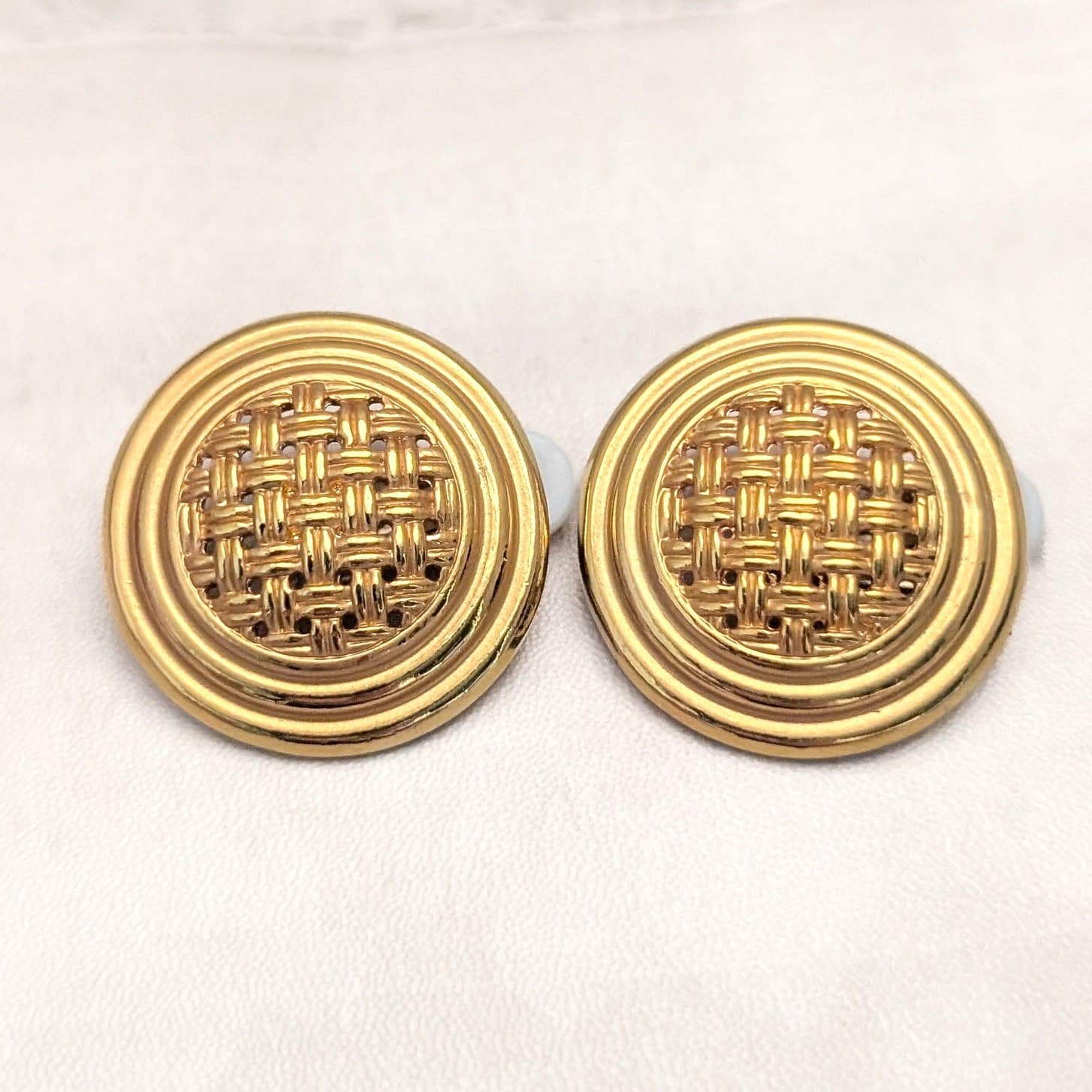 Vintage Clip On Earrings Round Gold Tone Crosshatch Pattern Large Statement Glam