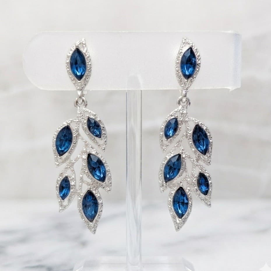 Vintage Clip On Earrings Silver Tone with Blue Gems Regal Elegant Stylish Dangle