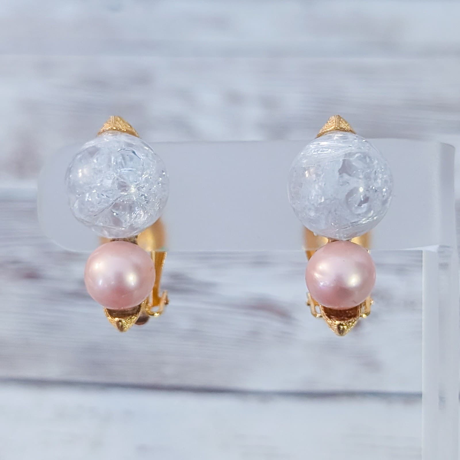 Vintage Clip On Earrings Statement Crackled & Pink Design