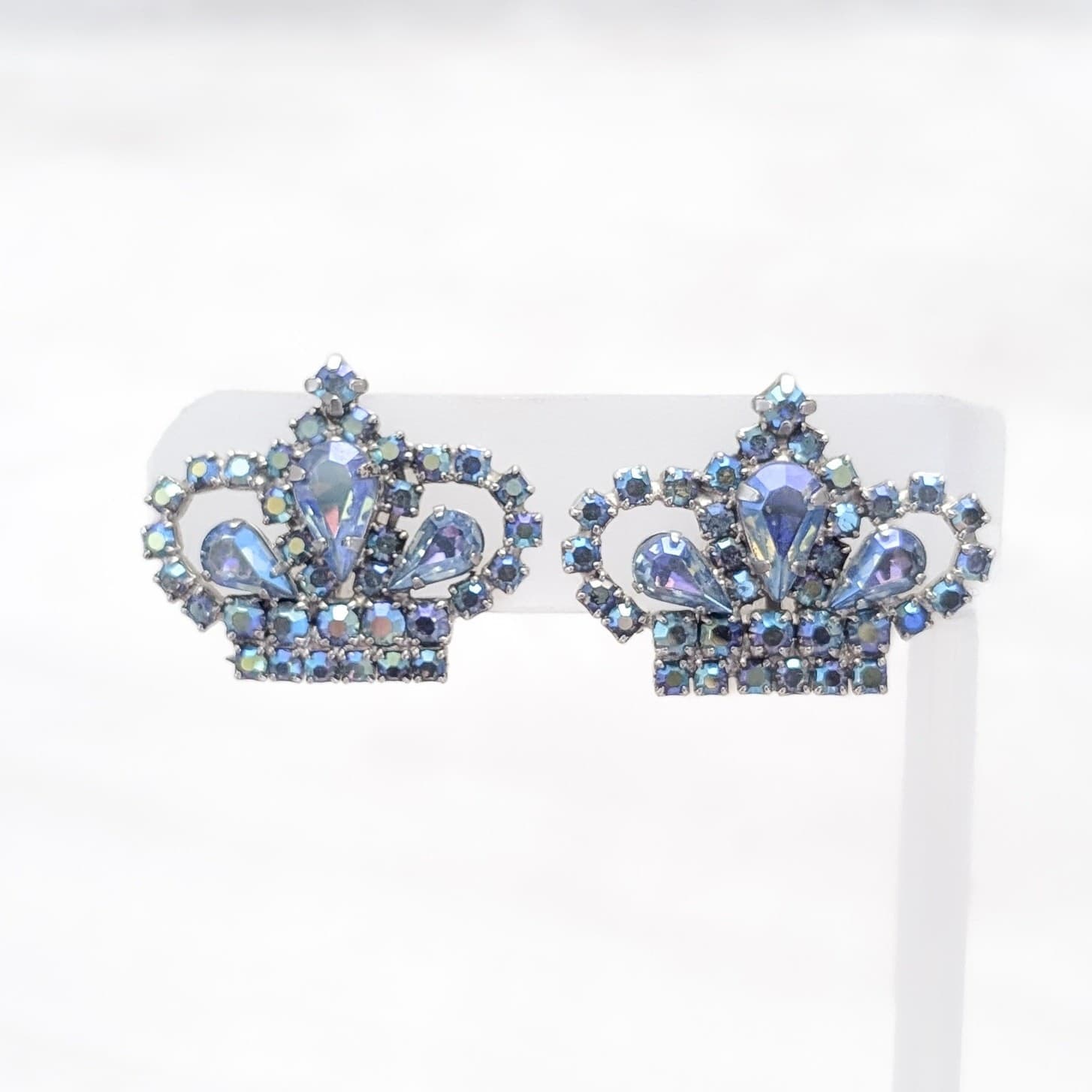 Vintage Screw On Earrings Stunning Iridescent Blue Gems Crown Shape Royal Regal