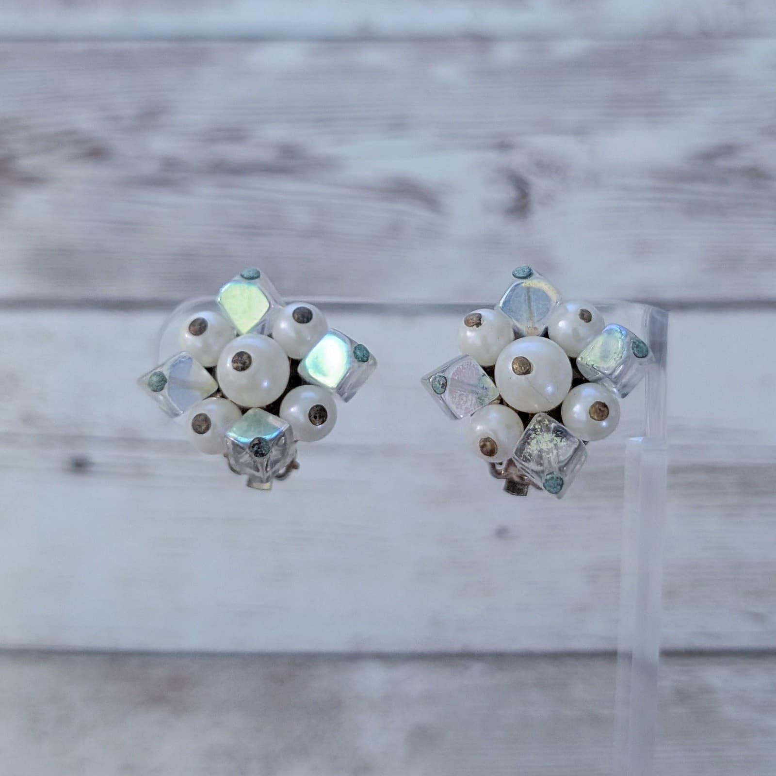 Vintage Clip On Earrings Winter Tones Cluster - Some Beads Iridescent