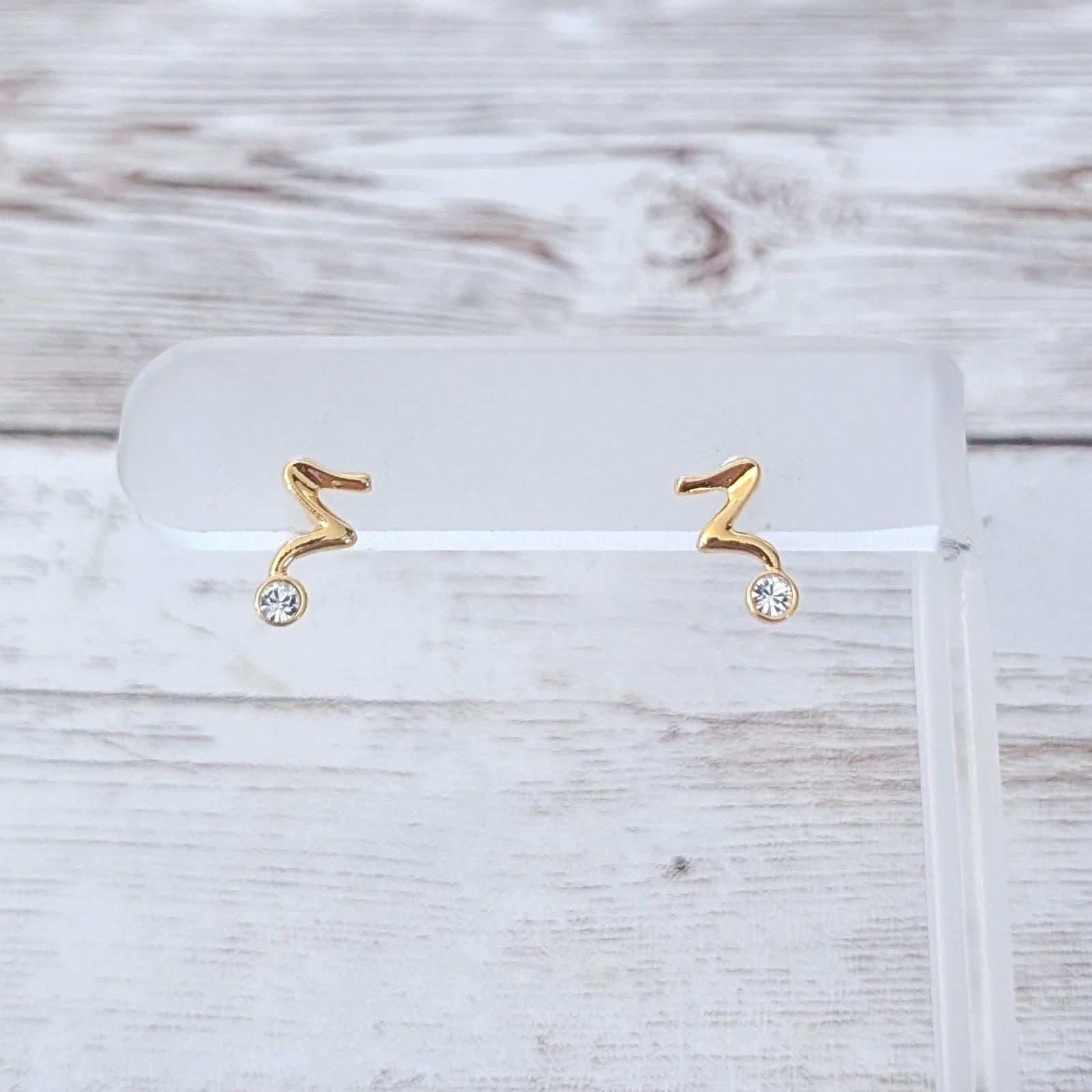 Vintage Stud Earrings Dainty Gold Tone Squiggle with Clear Gems Retro
